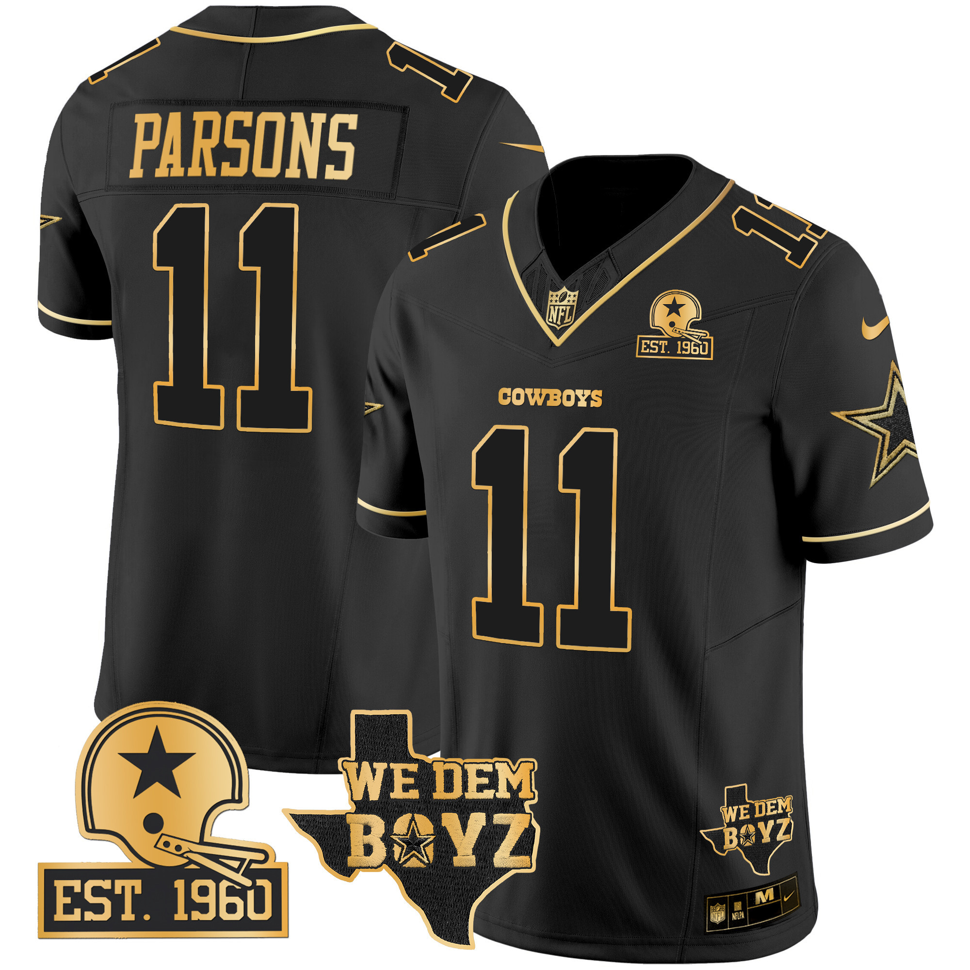 Men's Micah Parsons Dallas Cowboys Est. 1960 & We Dem Boyz Patch Gold Vapor Limited Black Gold Jersey V2 - All Stitched