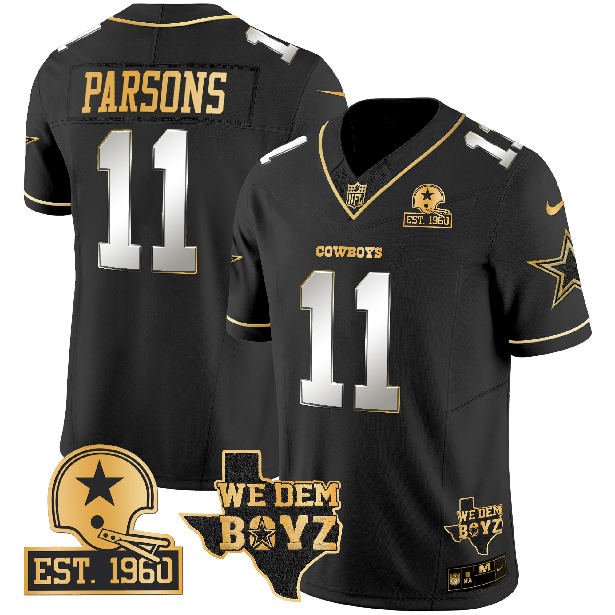 Men's Micah Parsons Dallas Cowboys Est. 1960 & We Dem Boyz Patch Gold Vapor Limited Black Limited Jersey V2 - All Stitched