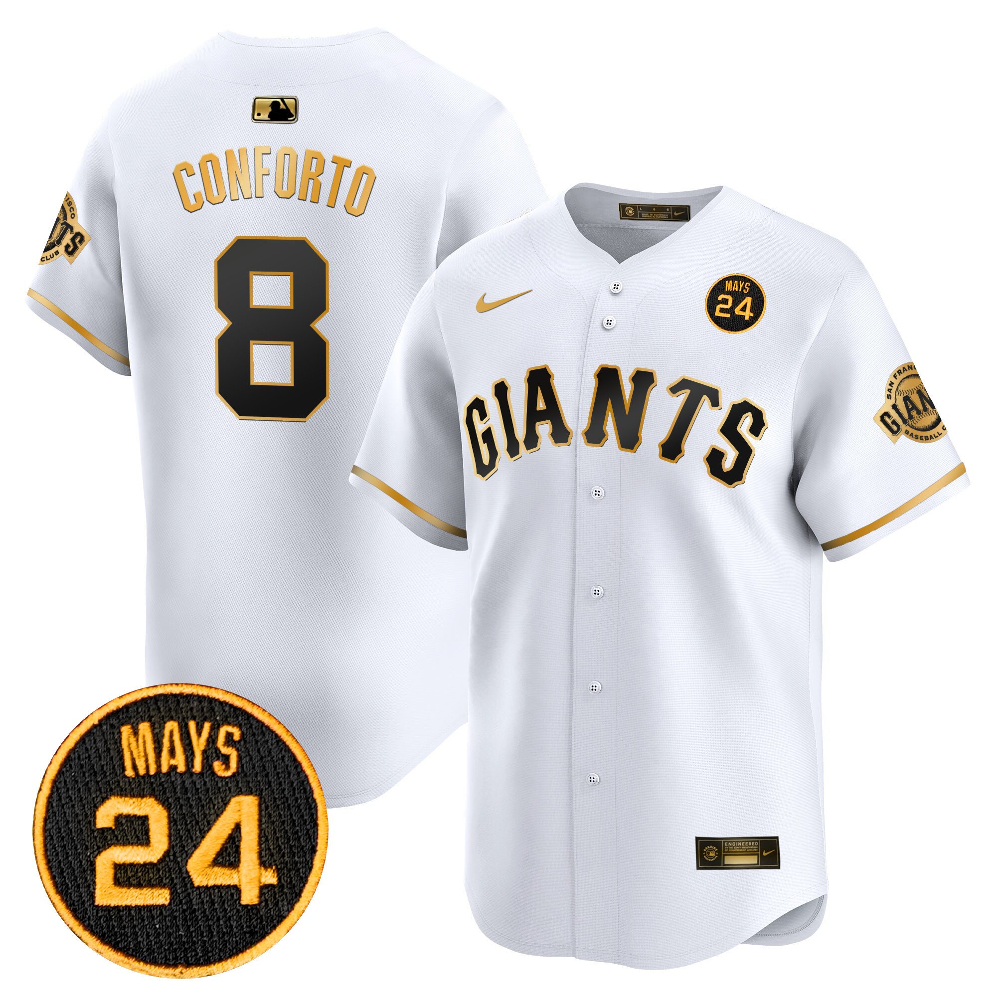 Men's Michael Conforto San Francisco Giants 2024 Willie Mays Patch Vapor Premier Limited White Gold Jersey V3 - All Stitched
