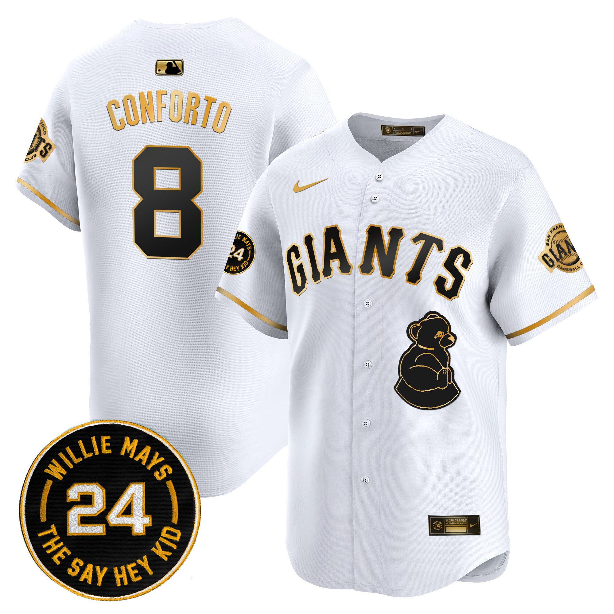 Men's Michael Conforto San Francisco Giants 2024 Willie Mays Patch Vapor Premier Limited White Gold Jersey V4 - All Stitched