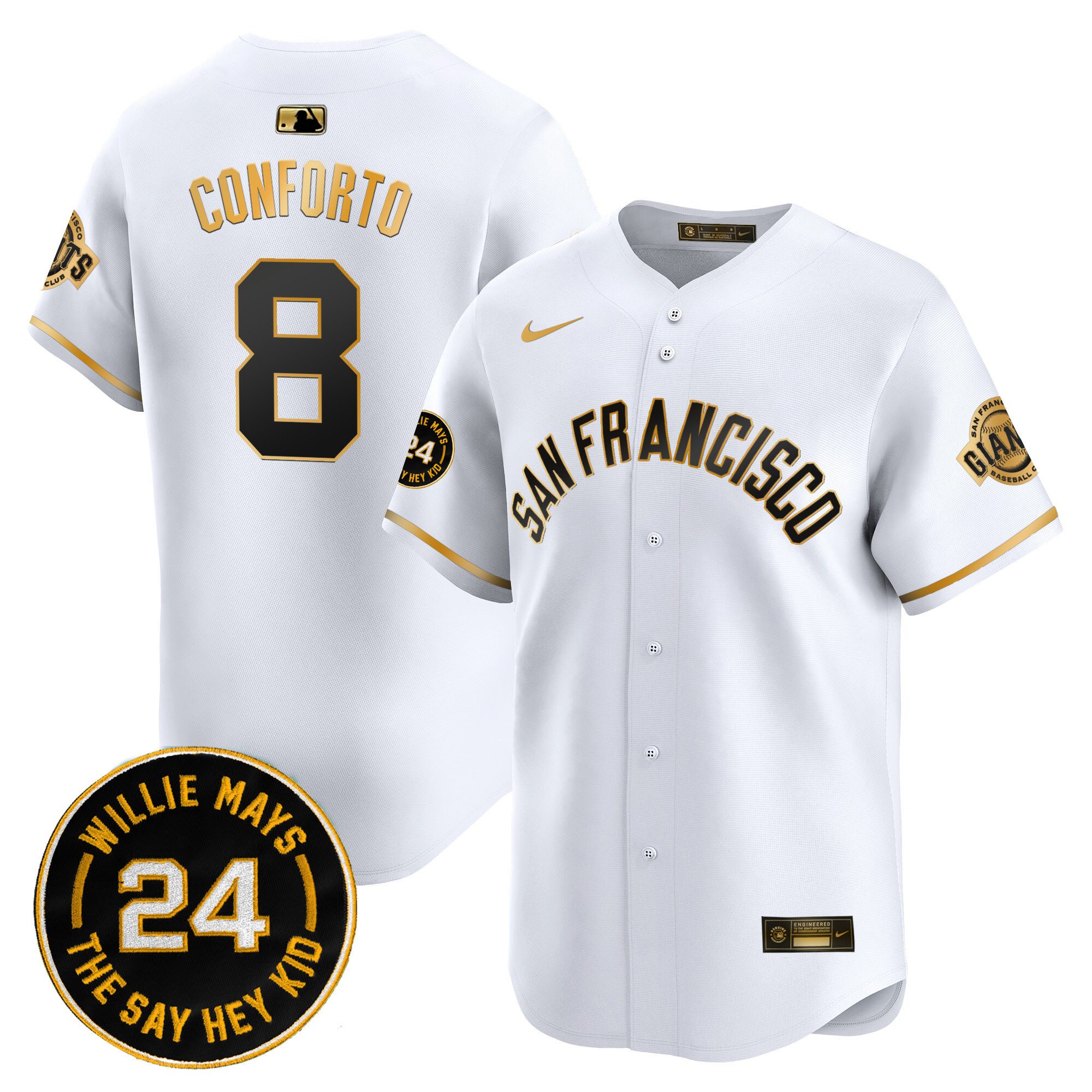 Men's Michael Conforto San Francisco Giants 2024 Willie Mays Patch Vapor Premier Limited White Gold Jersey V5 - All Stitched