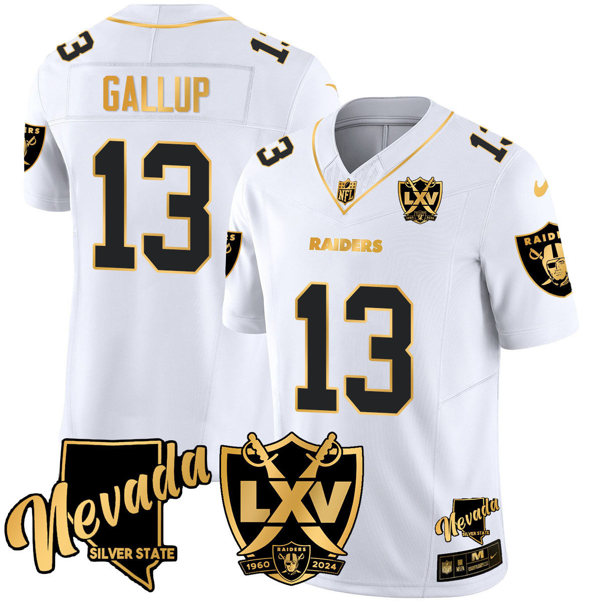 Men's Michael Gallup Las Vegas Raiders 2024 Gold Vapor Limited White Gold Jersey - 65th Anniversary - All Stitched
