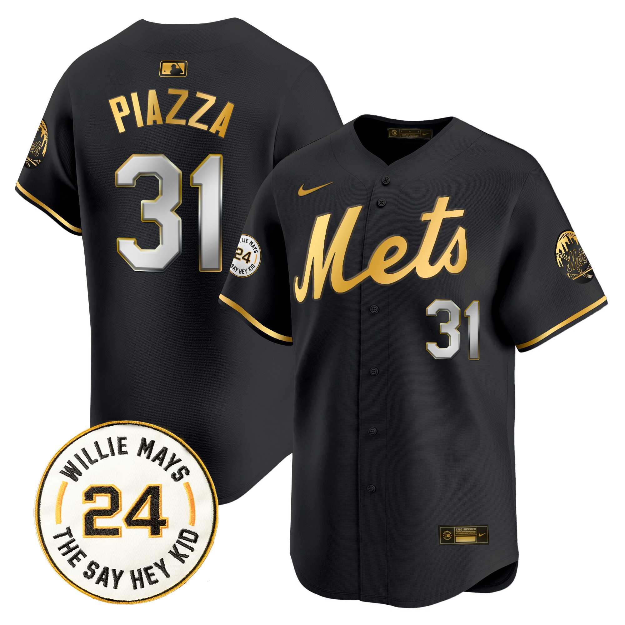 Men's Mike Piazza New York Mets Willie Mays Patch Vapor Premier Limited Black Gold Jersey - All Stitched