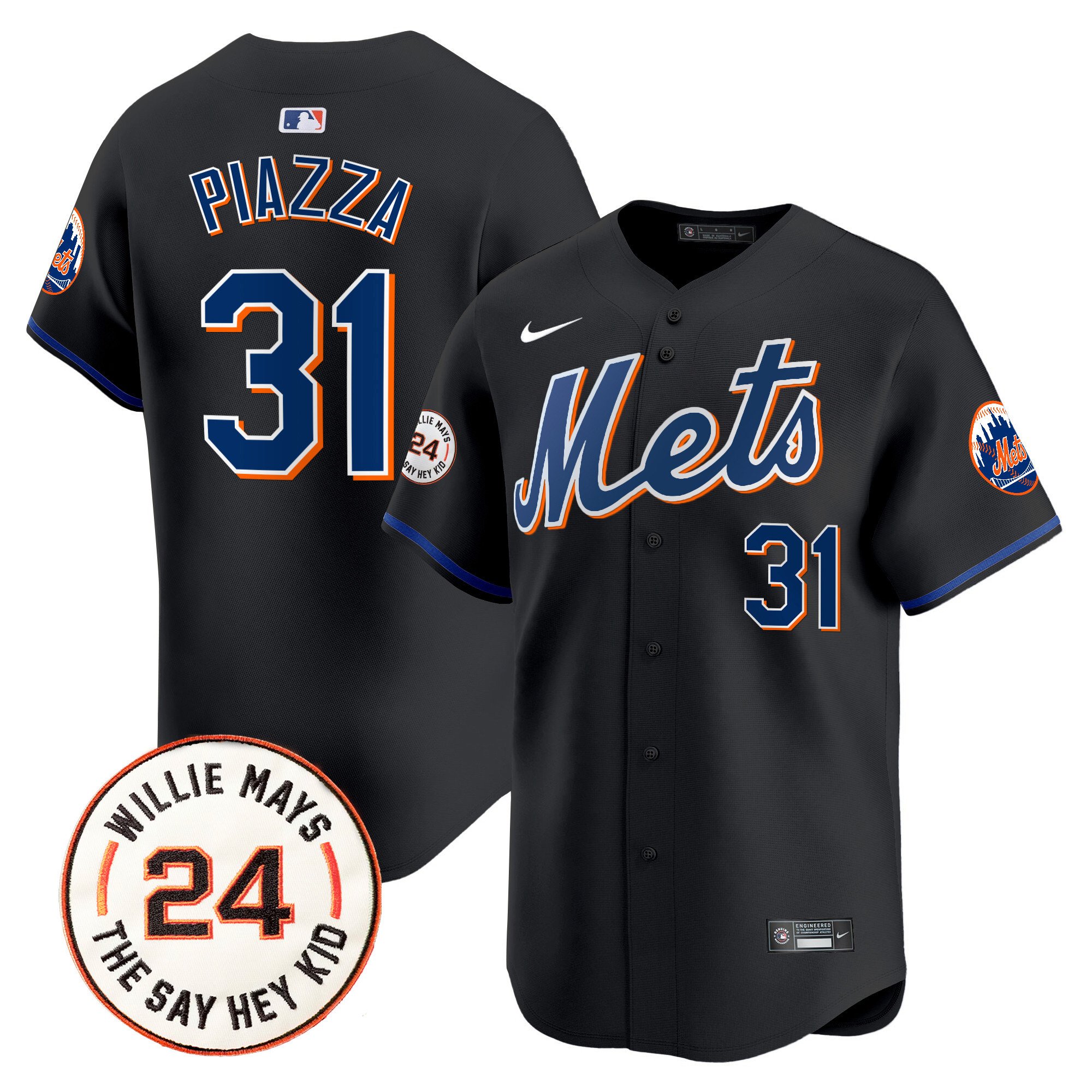 Men's Mike Piazza New York Mets Willie Mays Patch Vapor Premier Limited Black Jersey - All Stitched