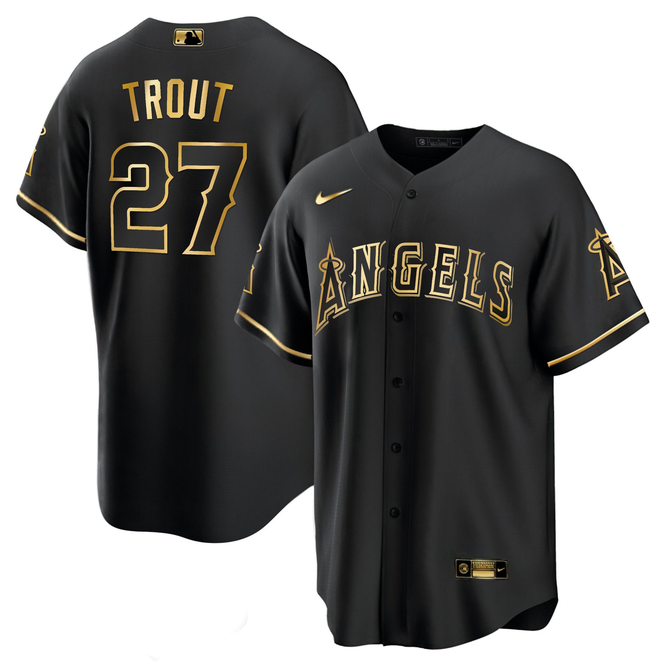 Men's Mike Trout Los Angeles Angels Black Gold Cool Base Jersey - All Stitched