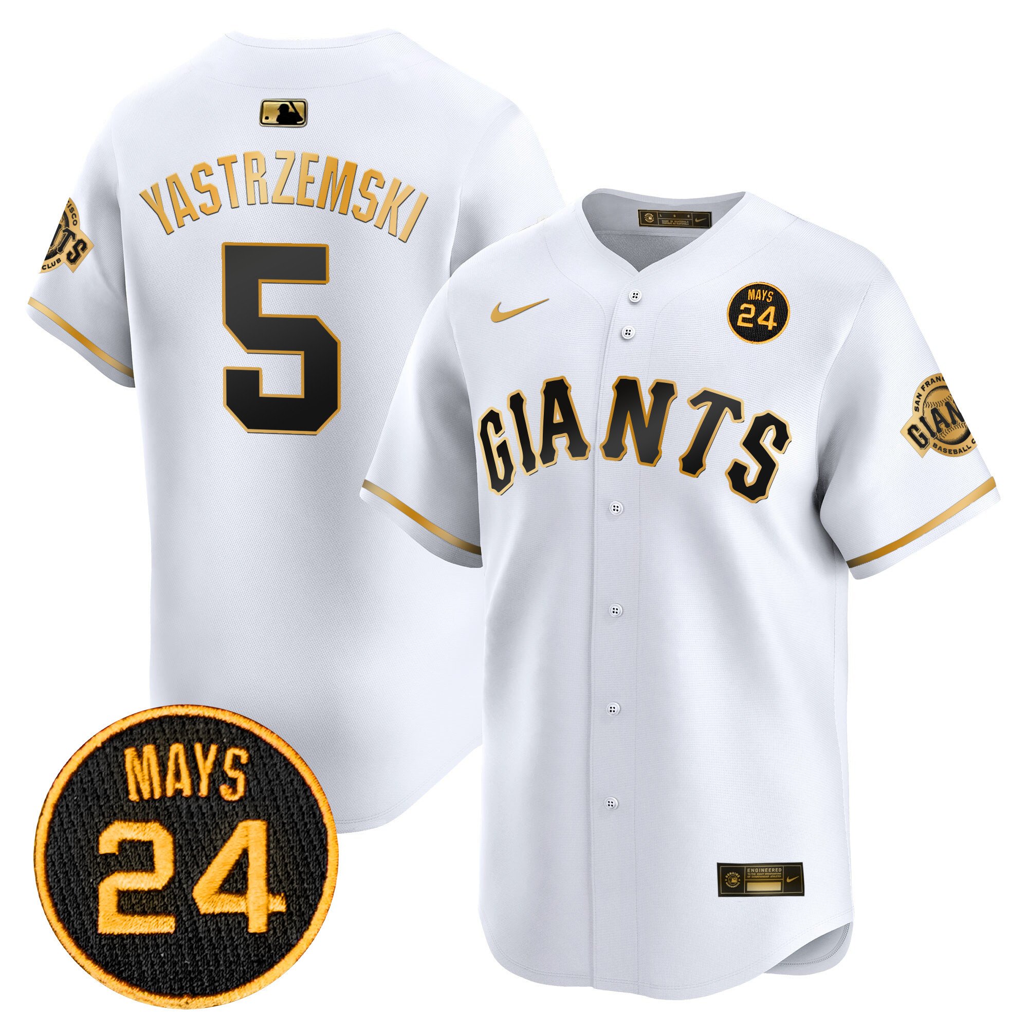 Men's Mike Yastrzemski San Francisco Giants 2024 Willie Mays Patch Vapor Premier Limited White Gold Jersey V3 - All Stitched