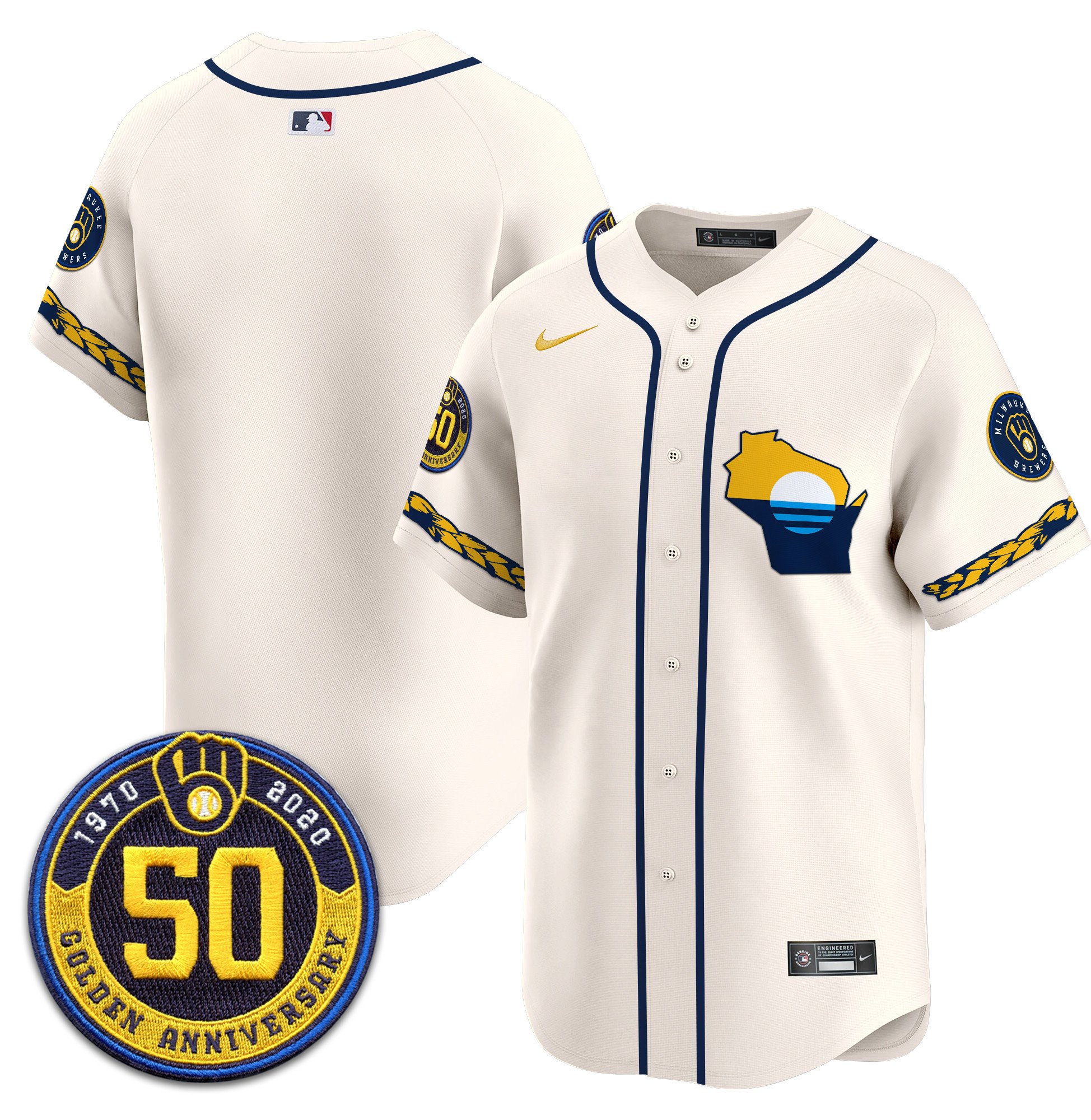 Men's Milwaukee Brewers Golden 50th Anniversary Patch Vapor Premier Limited Cream Jersey - All Stitched