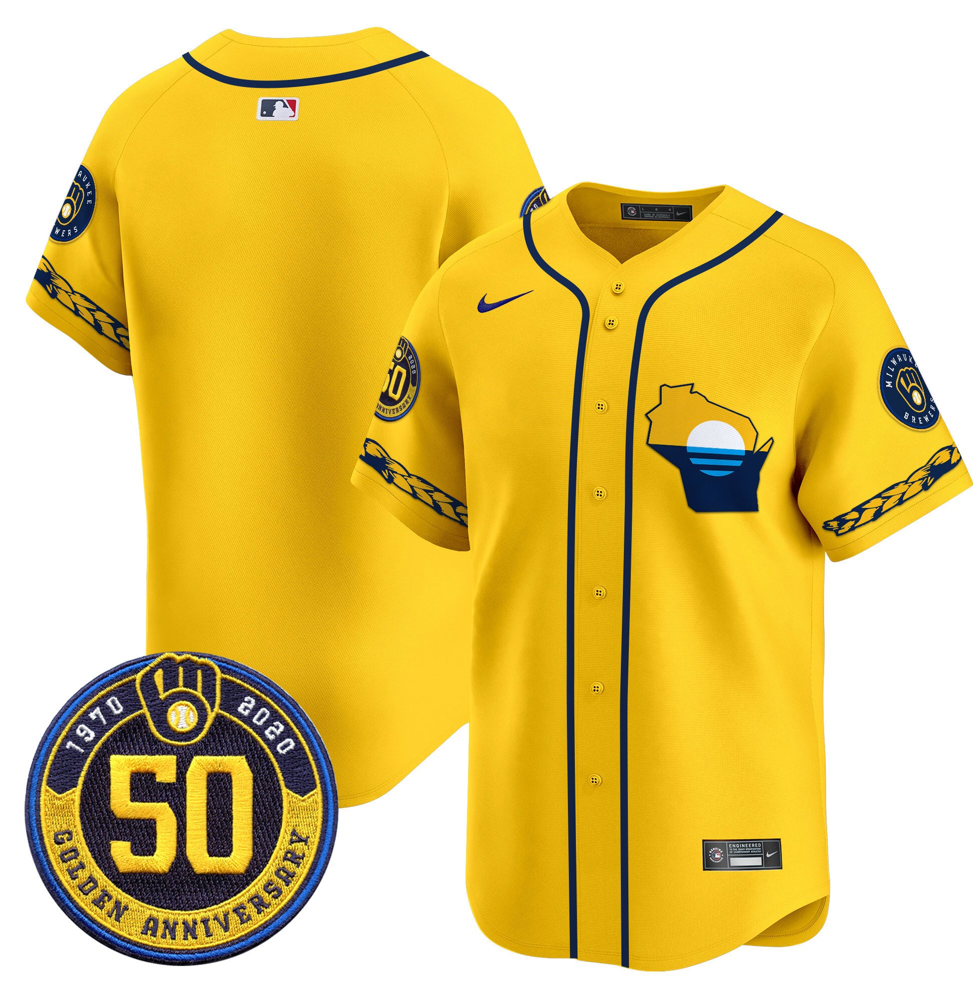 Men's Milwaukee Brewers Golden 50th Anniversary Patch Vapor Premier Limited Gold Jersey - All Stitched