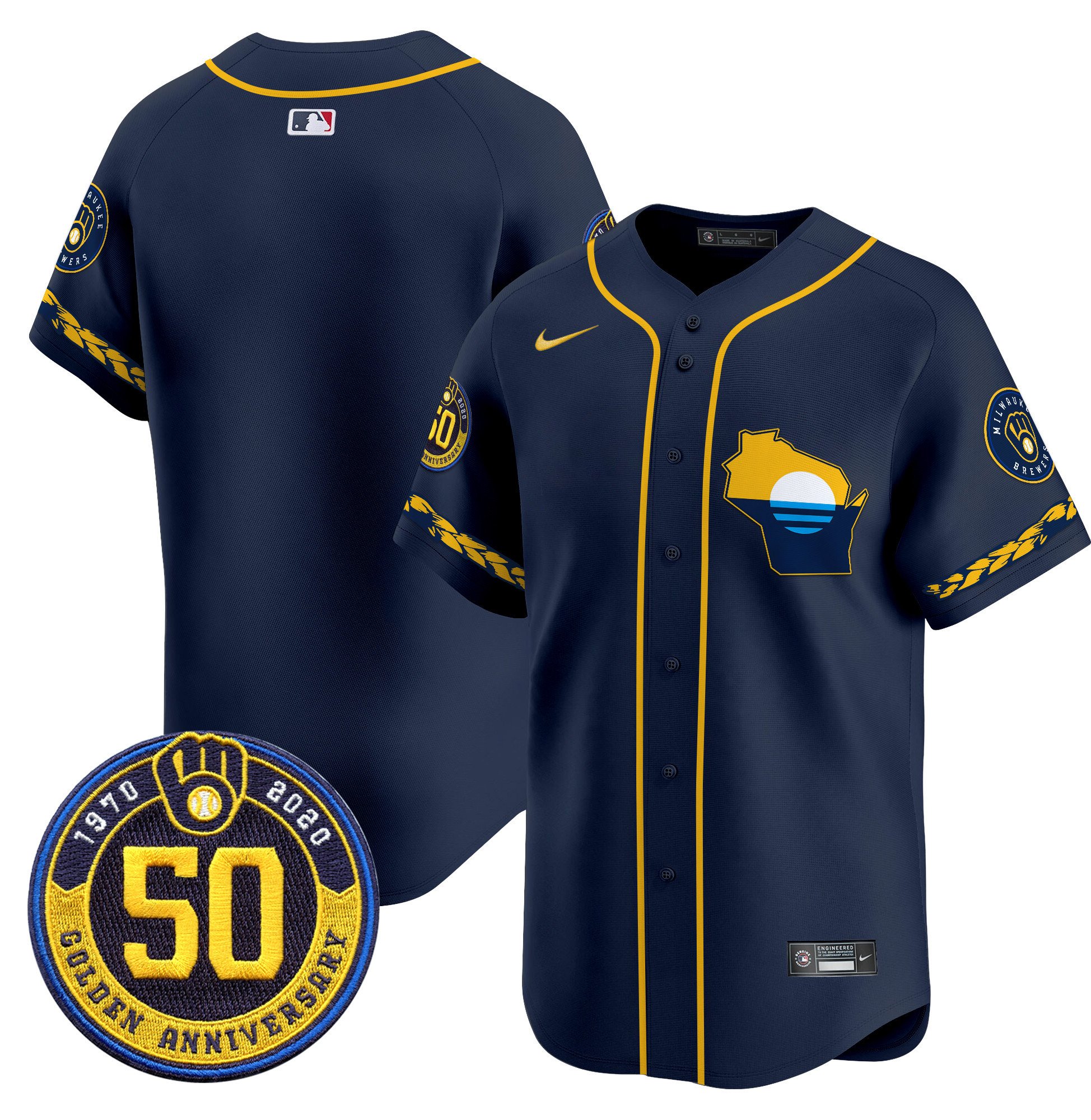 Men's Milwaukee Brewers Golden 50th Anniversary Patch Vapor Premier Limited Navy Jersey - All Stitched