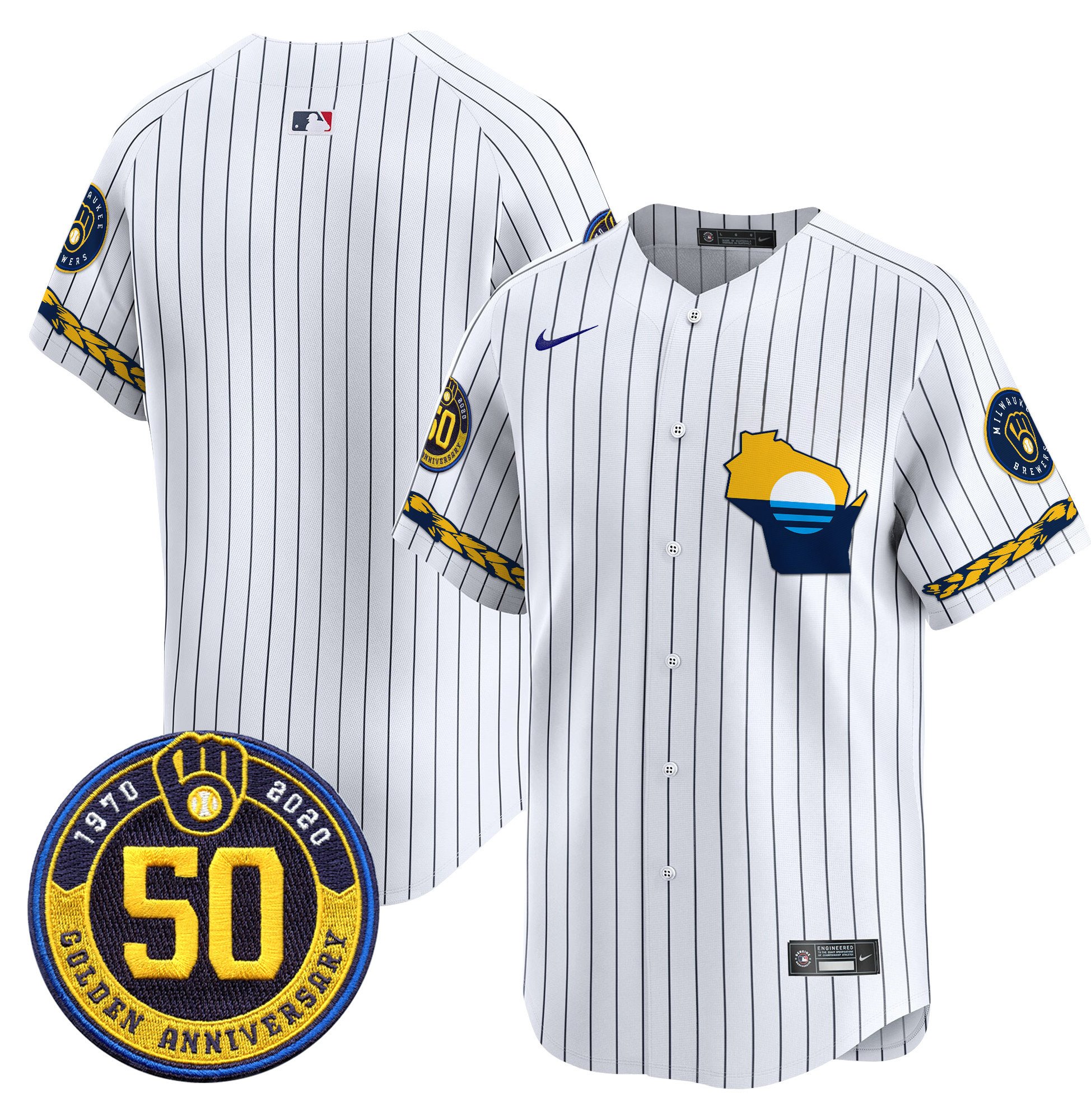 Men's Milwaukee Brewers Golden 50th Anniversary Patch Vapor Premier Limited Pinstripe Jersey - All Stitched