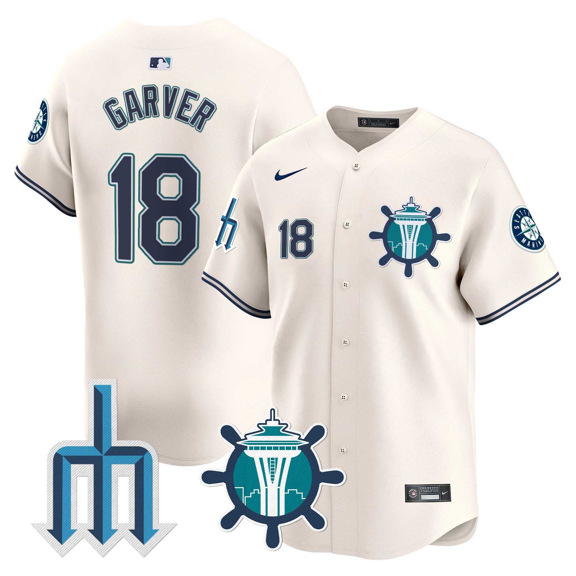 Men's Mitch Garver Seattle Mariners Trident Patch Vapor Premier Limited Cream Jersey - All Stitched