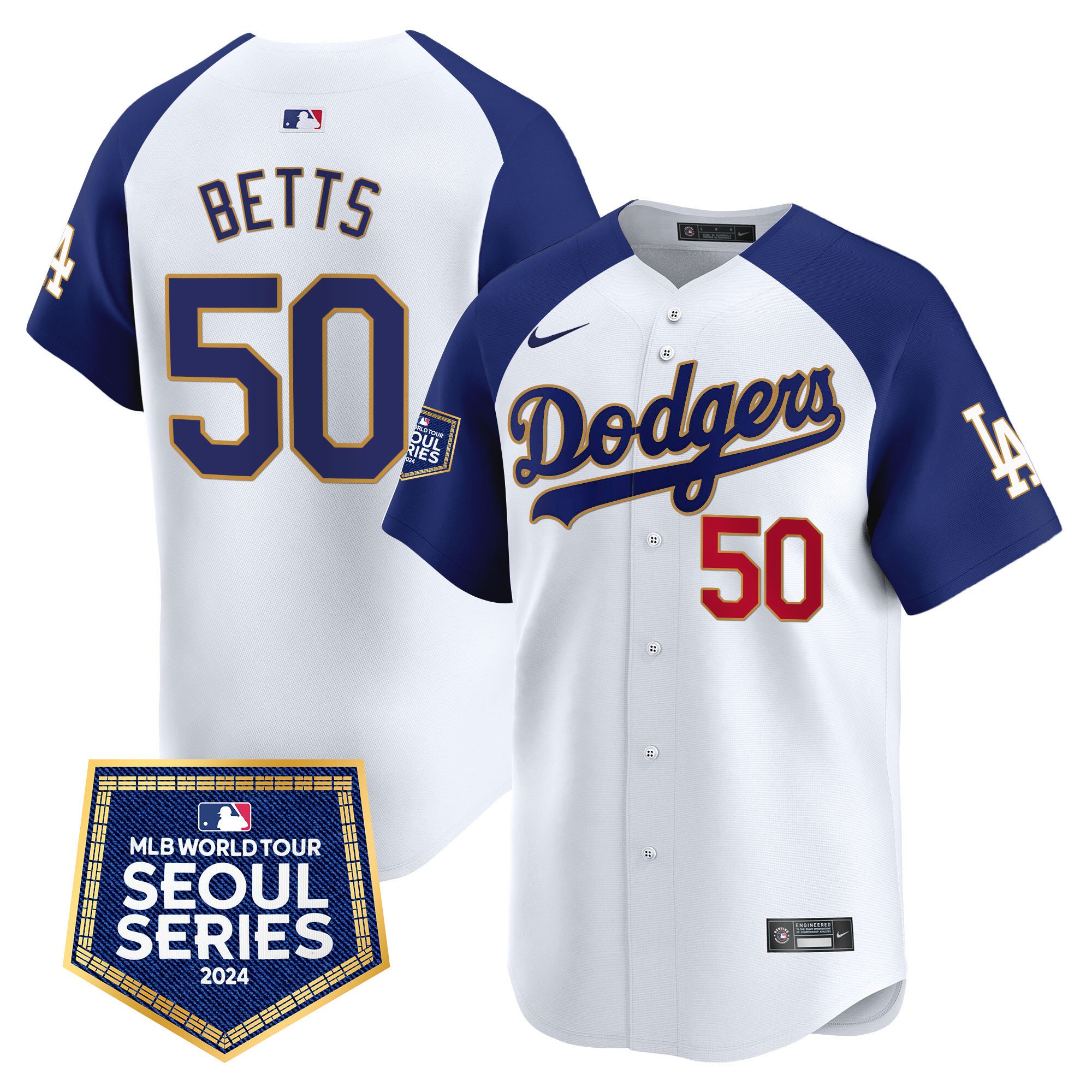 Men's Mookie Betts Los Angeles Dodgers 2024 World Tour Seoul Series Patch Vapor Premier Limited White Alternate Jersey - All Stitched