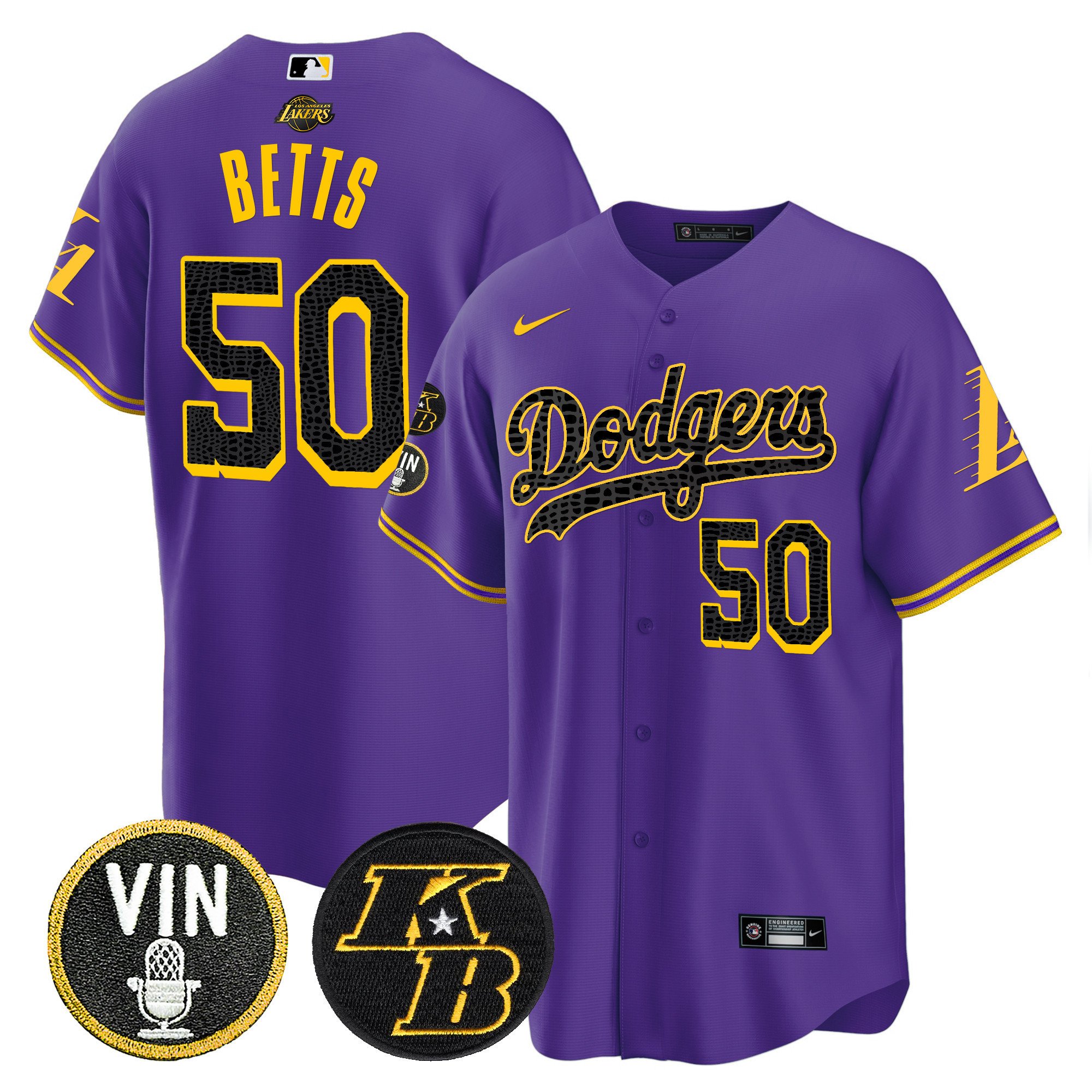 Men's Mookie Betts Los Angeles Dodgers Bryant & Vin Patch Cool Base Mamba Purple Jersey - All Stitched