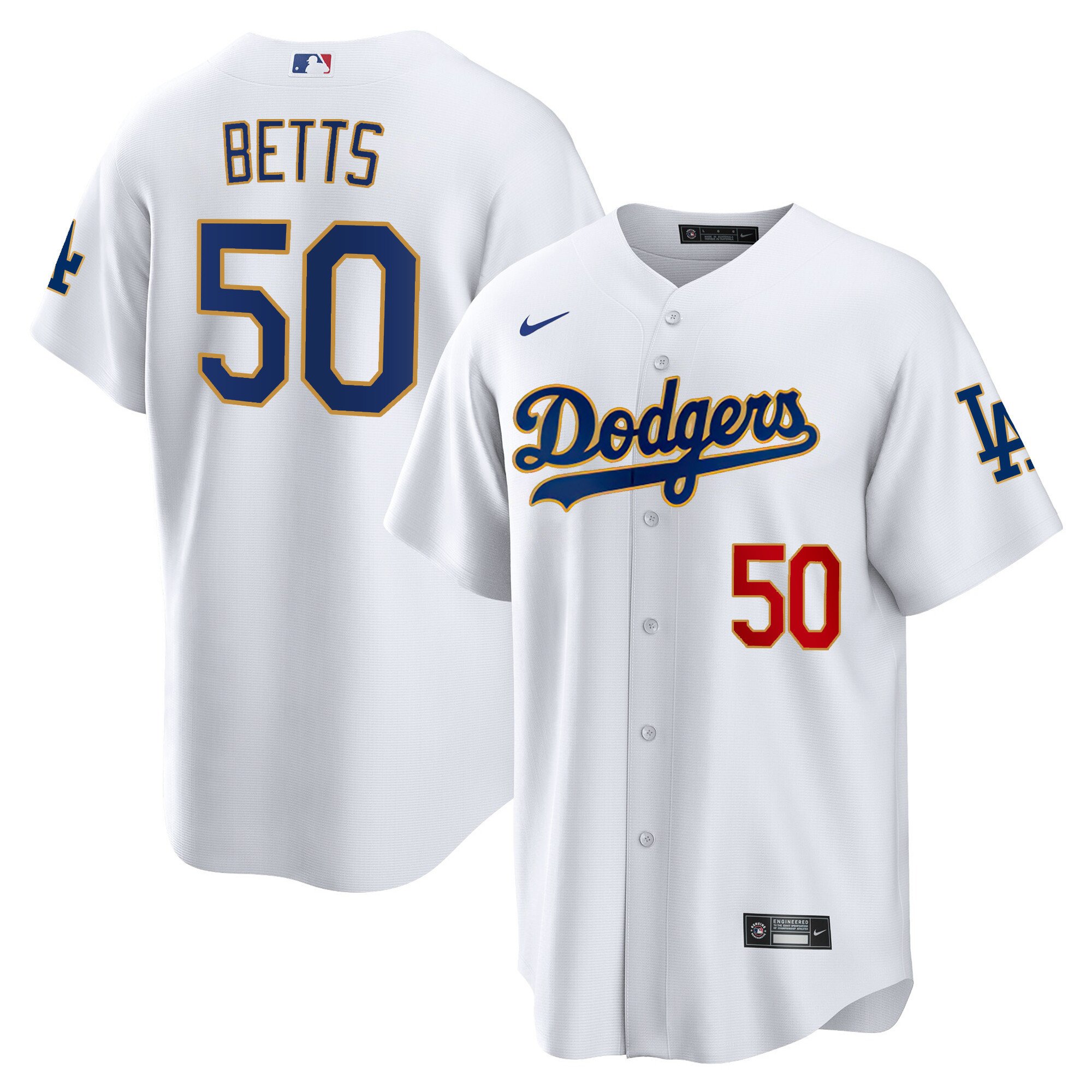 Men's Mookie Betts Los Angeles Dodgers Gold Trim Cool Base White Jersey - All Stitched