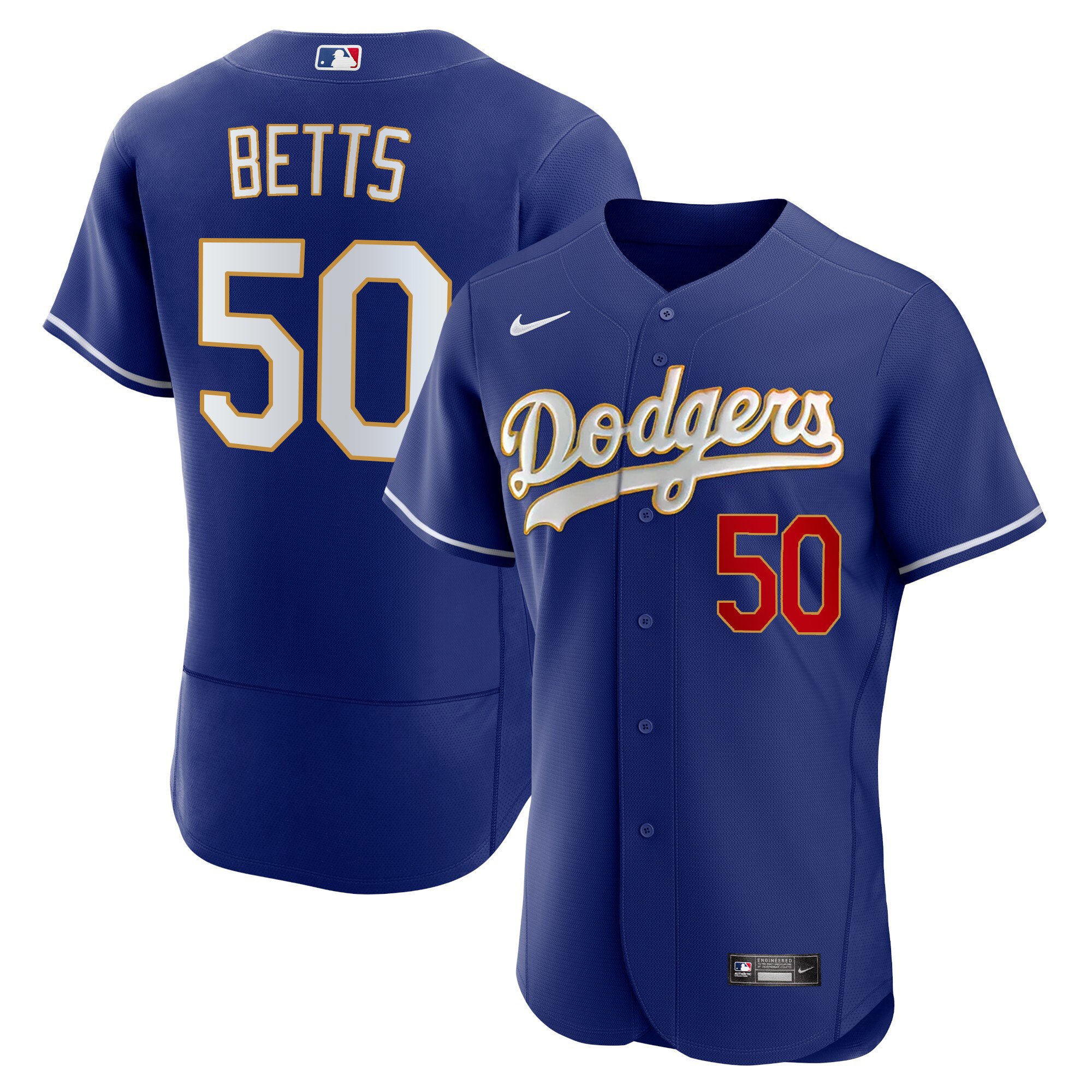 Men's Mookie Betts Los Angeles Dodgers Gold Trim Flex Base Royal Jersey - All Stitched