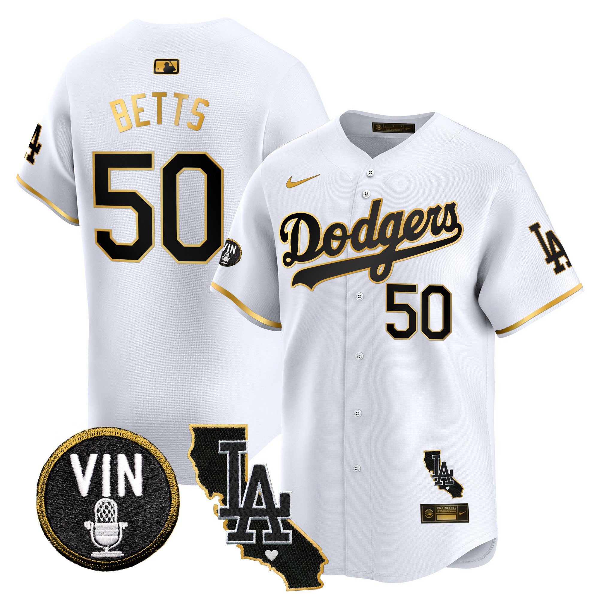 Men's Mookie Betts Los Angeles Dodgers Vin & California Patch Gold Trim Vapor Premier Limited White Gold Jersey - All Stitched