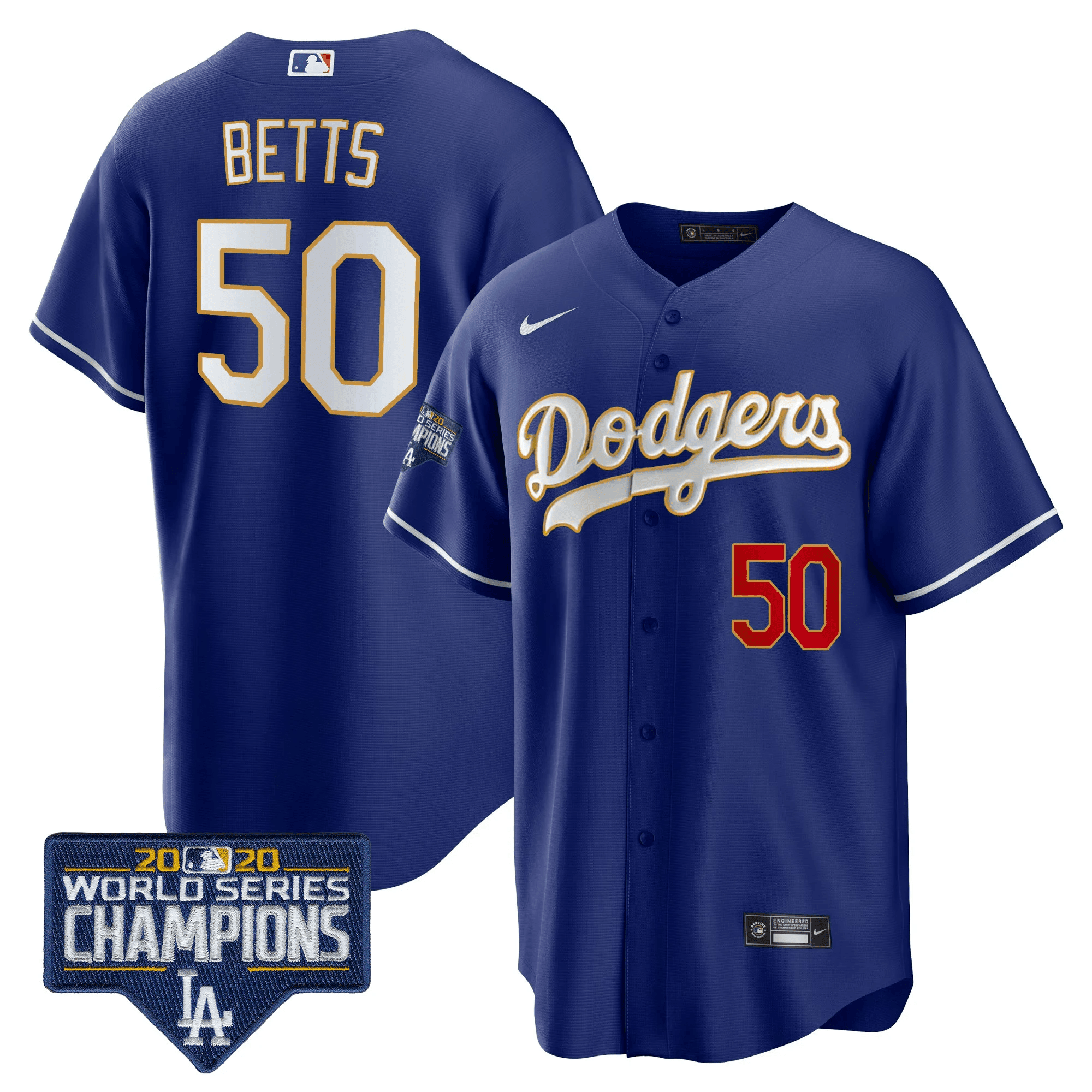 Men's Mookie Betts Los Angeles Dodgers World Series Champions Patch Cool Base Gold Trim Royal Jersey - All Stitched