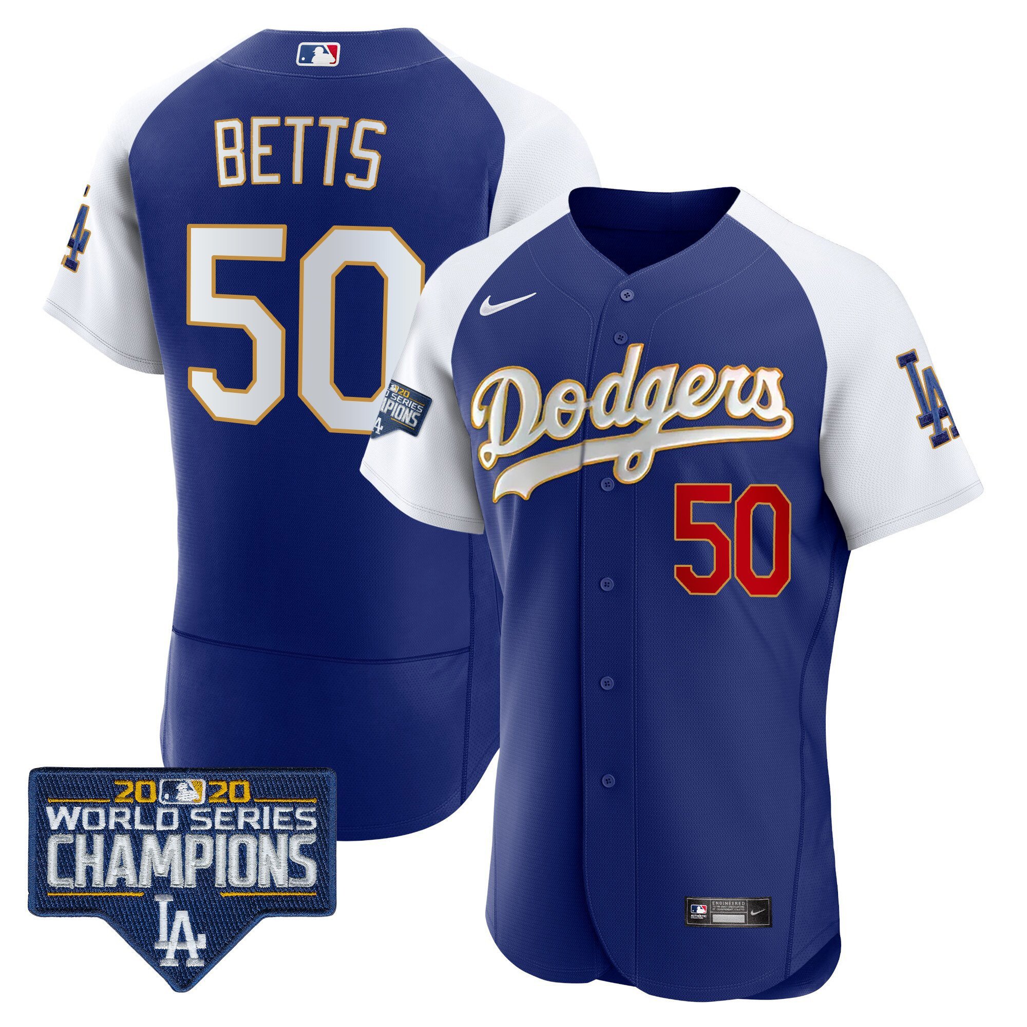 Men's Mookie Betts Los Angeles Dodgers World Series Champions Patch Flex Base Gold Trim Alternate Royal Jersey - All Stitched