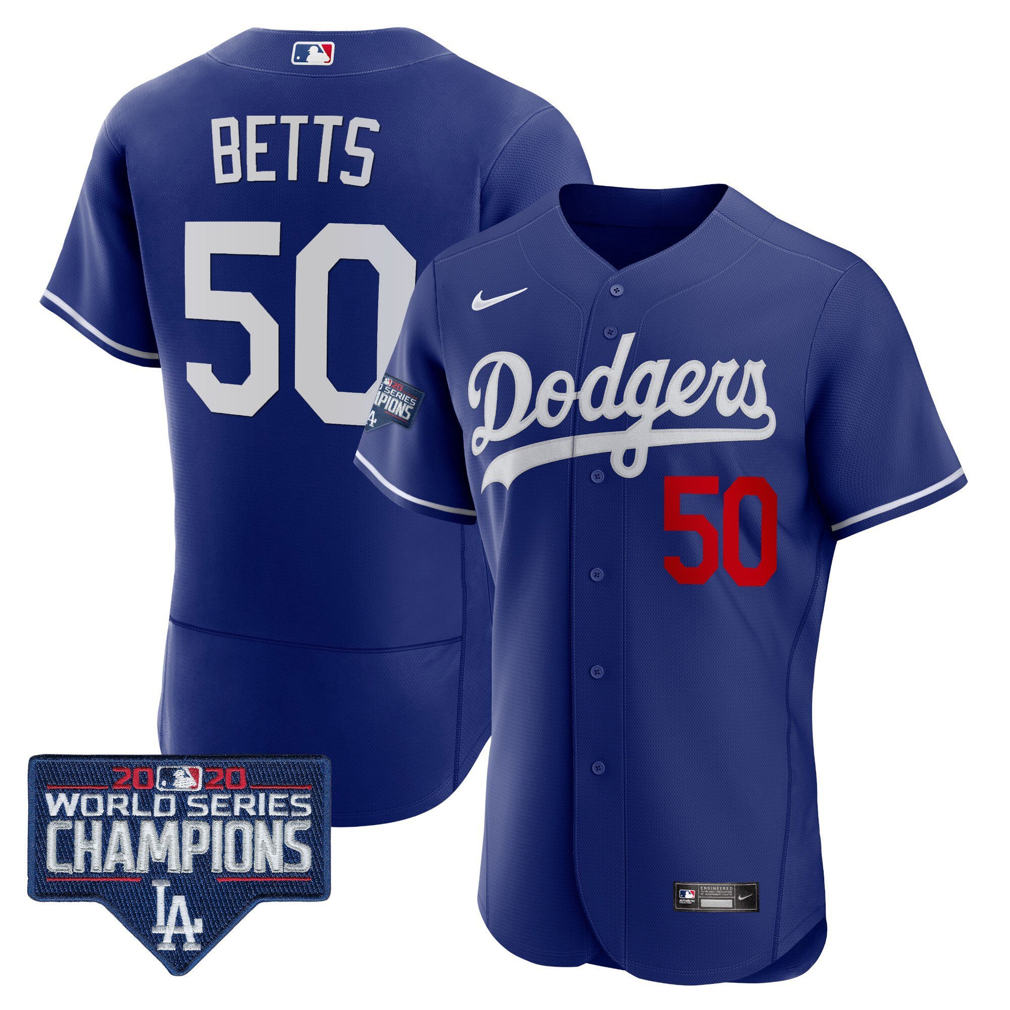 Men's Mookie Betts Los Angeles Dodgers World Series Champions Patch Flex Base Royal Jersey - All Stitched
