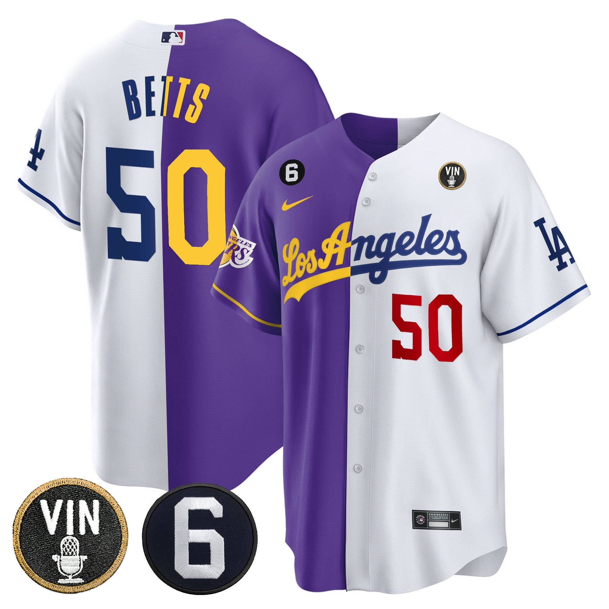 Men's Mookie Betts Split Los Angeles Dodgers - Lakers Cool Base Purple White Jersey - All Stitched