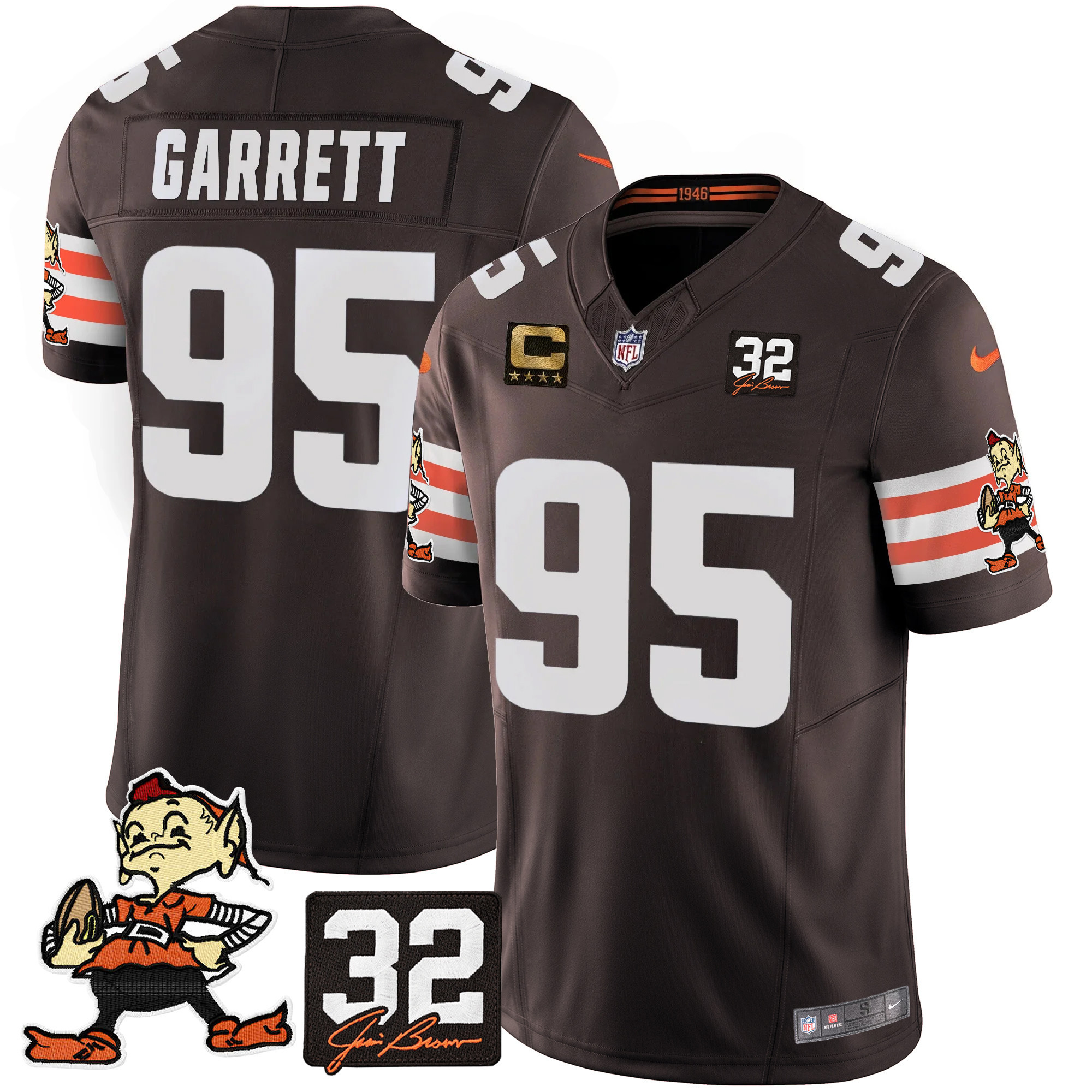Men's Myles Garrett Cleveland Browns #32 Jim Brown Memorial Patch Vapor Limited Brown Jersey V2 - All Stitched