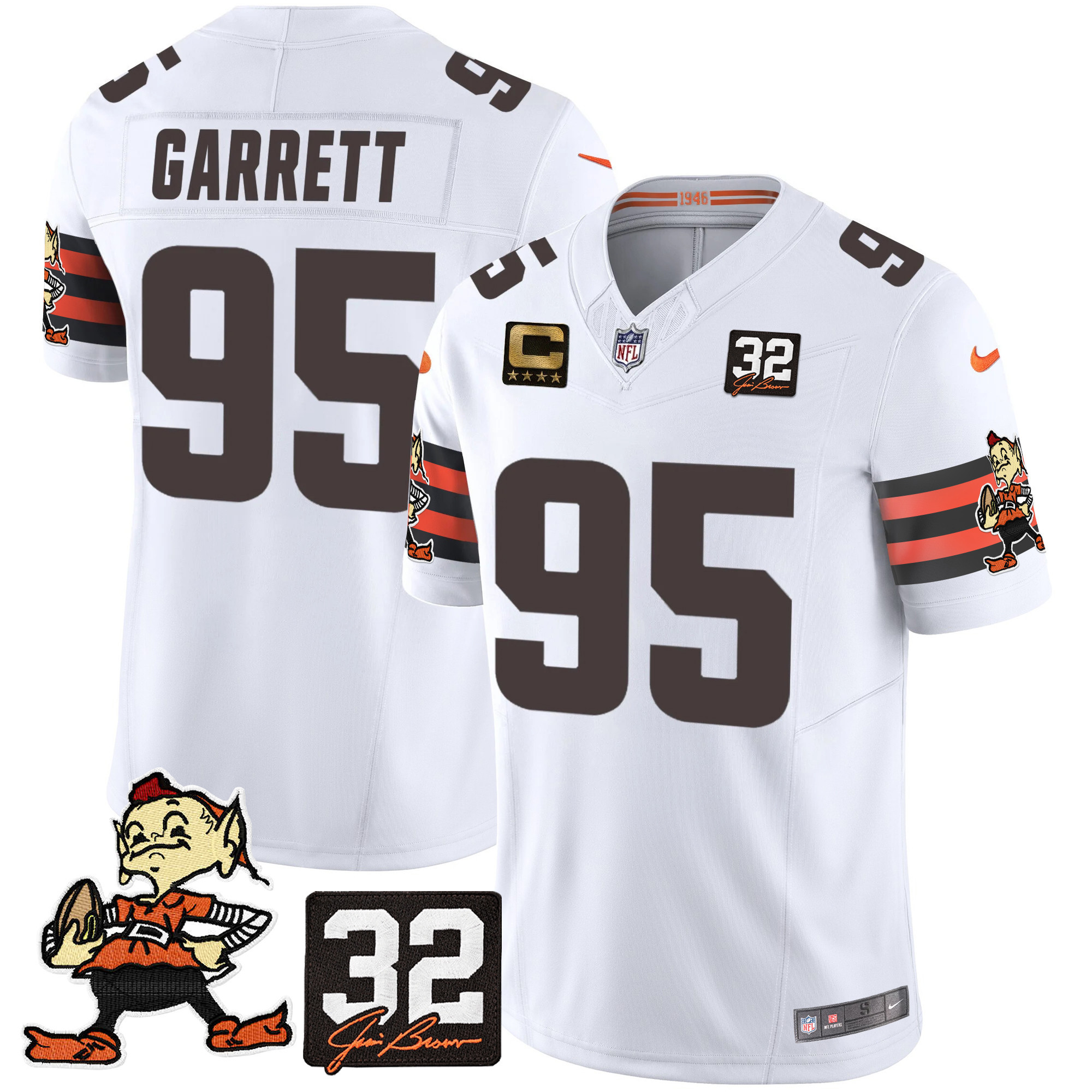 Men's Myles Garrett Cleveland Browns #32 Jim Brown Memorial Patch Vapor Limited White Jersey V2 - All Stitched