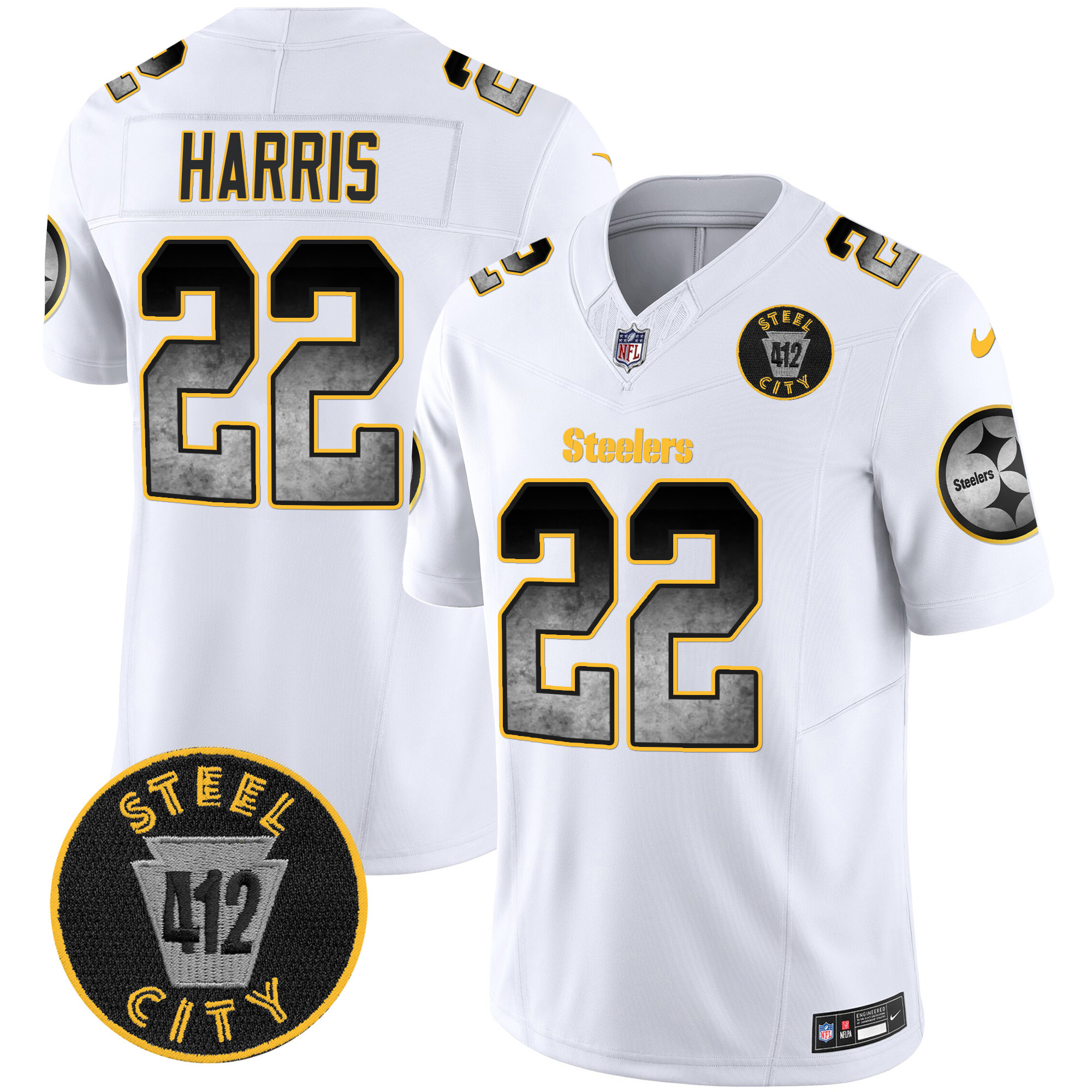 Men's Najee Harris Pittsburgh Steelers Arch Smoke 412 Patch Vapor Limited White Jersey - All Stitched