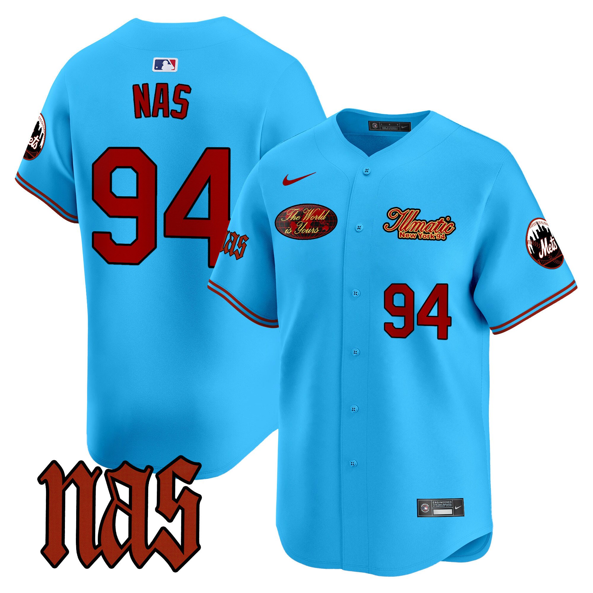Men's Nas New York Mets Nas Illmatic Vapor Premier Limited Light Blue Jersey V2 - All Stitched