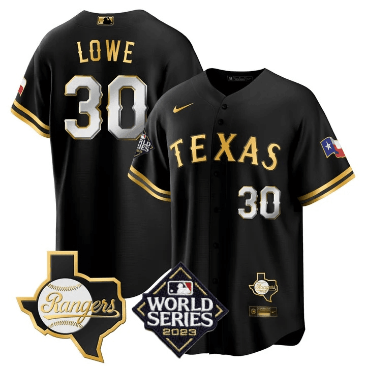 Men's Nathaniel Lowe Texas Rangers 2023 World Series & Texas State Patch Cool Base Gold Black Gold Jersey V2 Ã± All Stitched