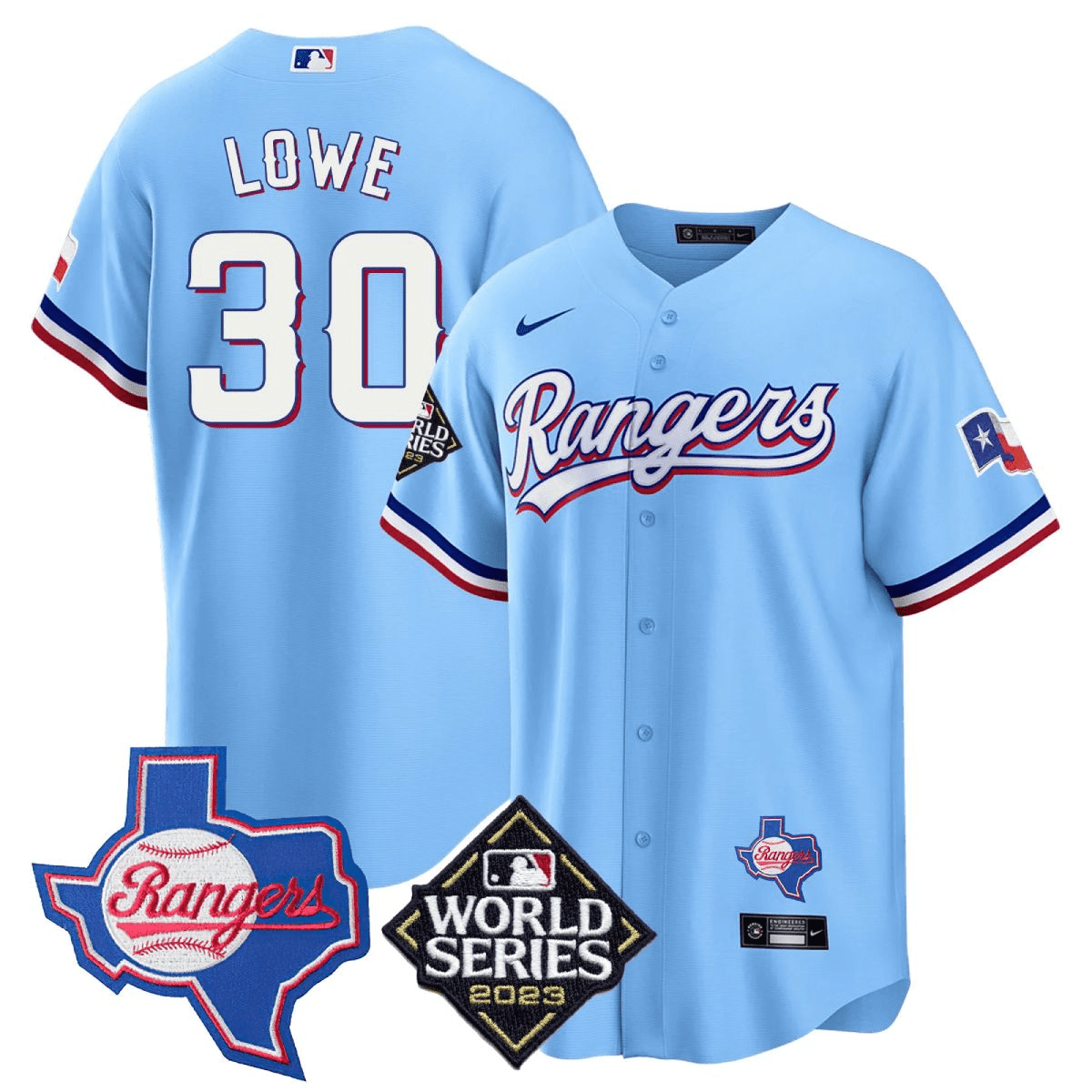 Men's Nathaniel Lowe Texas Rangers 2023 World Series & Texas State Patch Cool Base Gold Blue Jersey V2 Ã± All Stitched