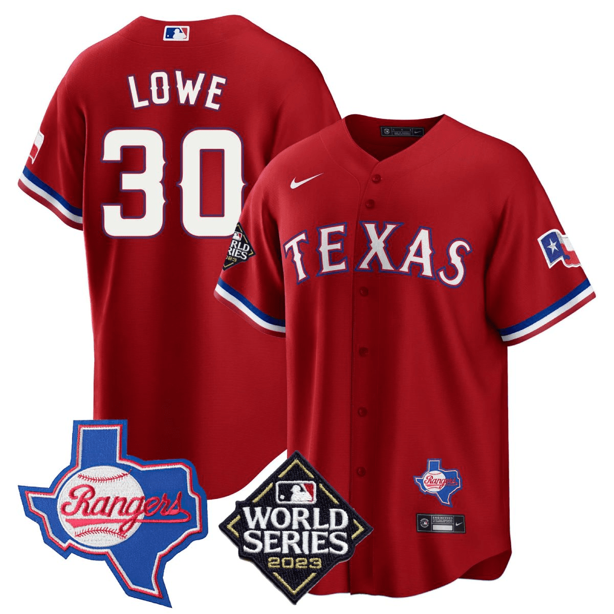 Men's Nathaniel Lowe Texas Rangers 2023 World Series & Texas State Patch Cool Base Gold Red Jersey V2 Ã± All Stitched