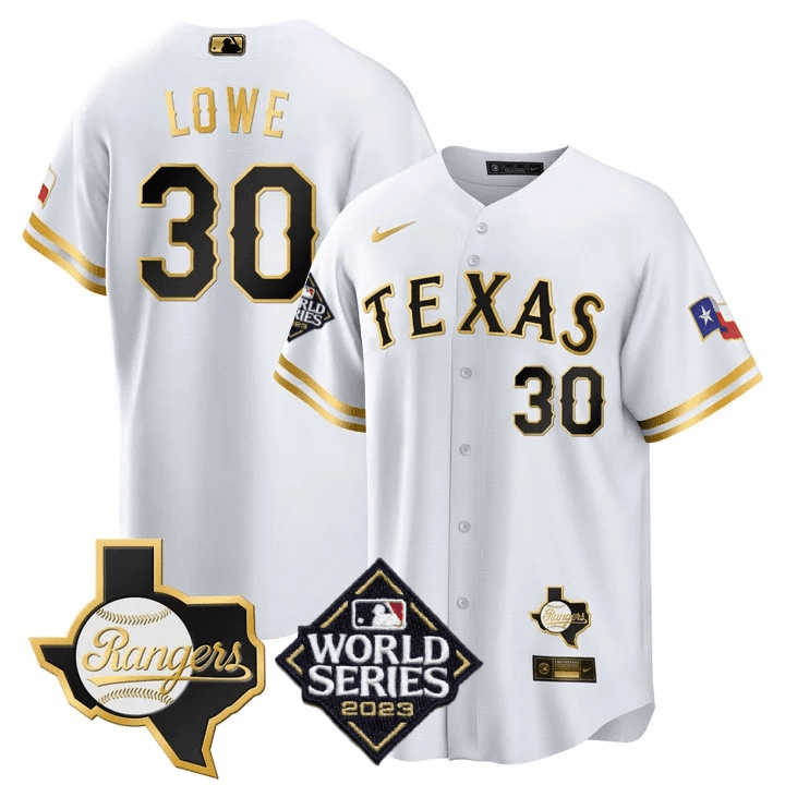 Men's Nathaniel Lowe Texas Rangers 2023 World Series & Texas State Patch Cool Base Gold White Gold Jersey V2 Ã± All Stitched