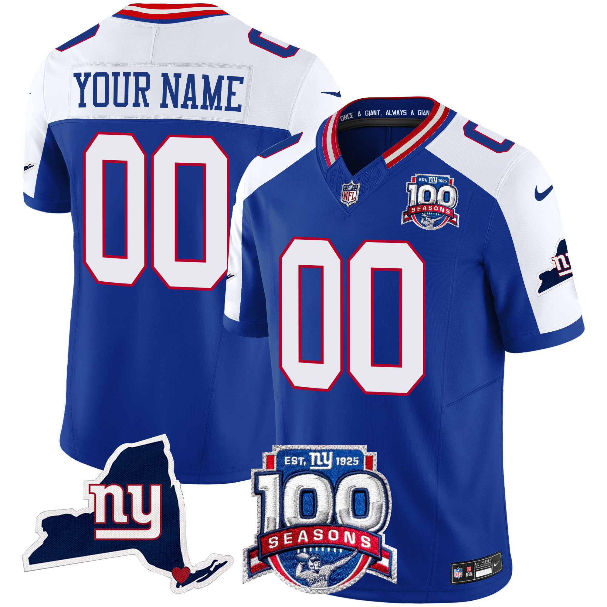 Men's New York Giants 100th Season & State Patch Vapor Limited Custom Royal Alternate Jersey - All Stitched
