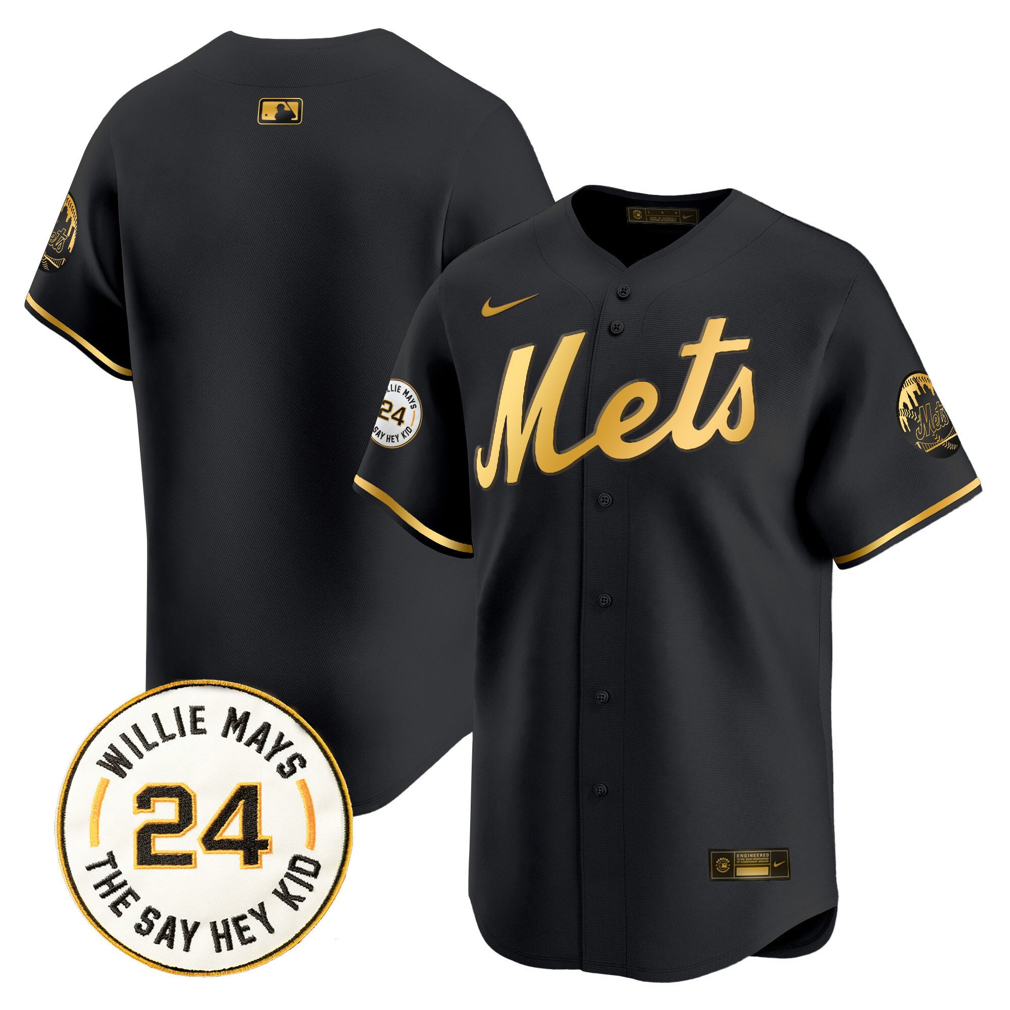 Men's New York Mets Willie Mays Patch Vapor Premier Limited Black Gold Jersey - All Stitched