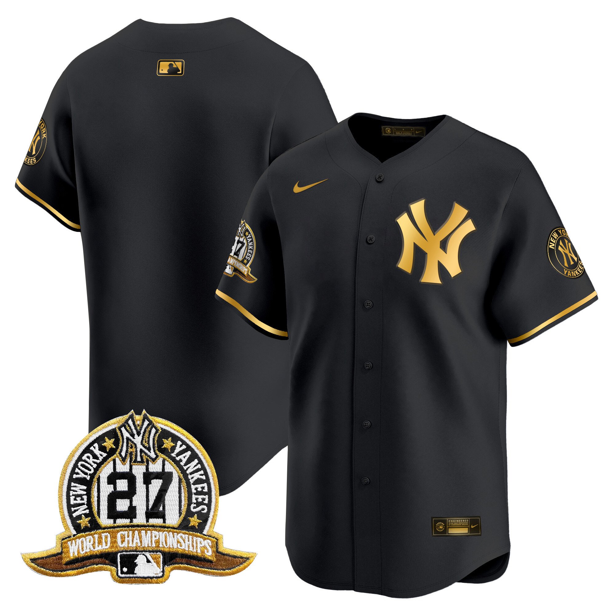 Men's New York Yankees 27 Time Champions Patch Vapor Premier Limited Black Gold Jersey - All Stitched