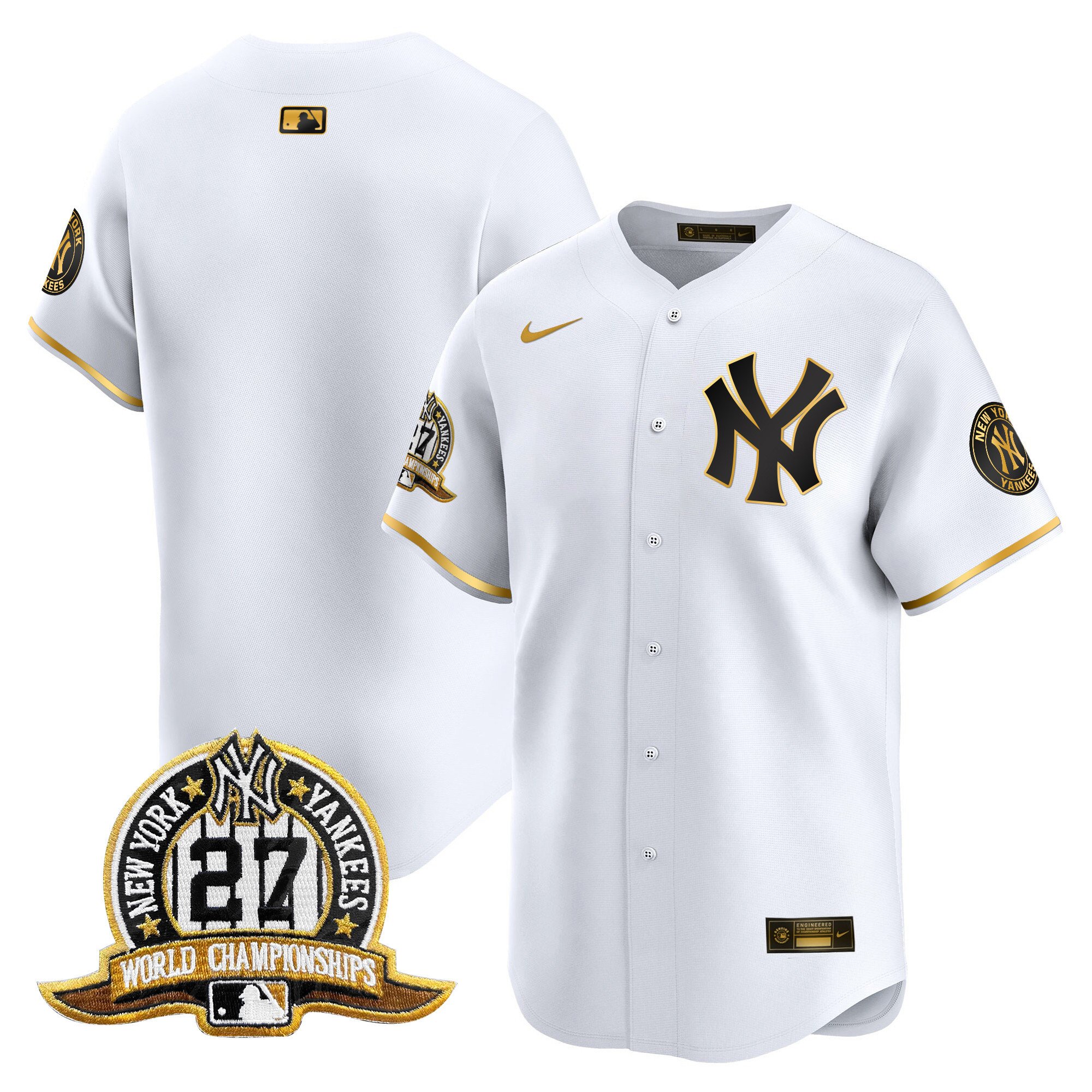 Men's New York Yankees 27 Time Champions Patch Vapor Premier Limited White Gold Jersey - All Stitched
