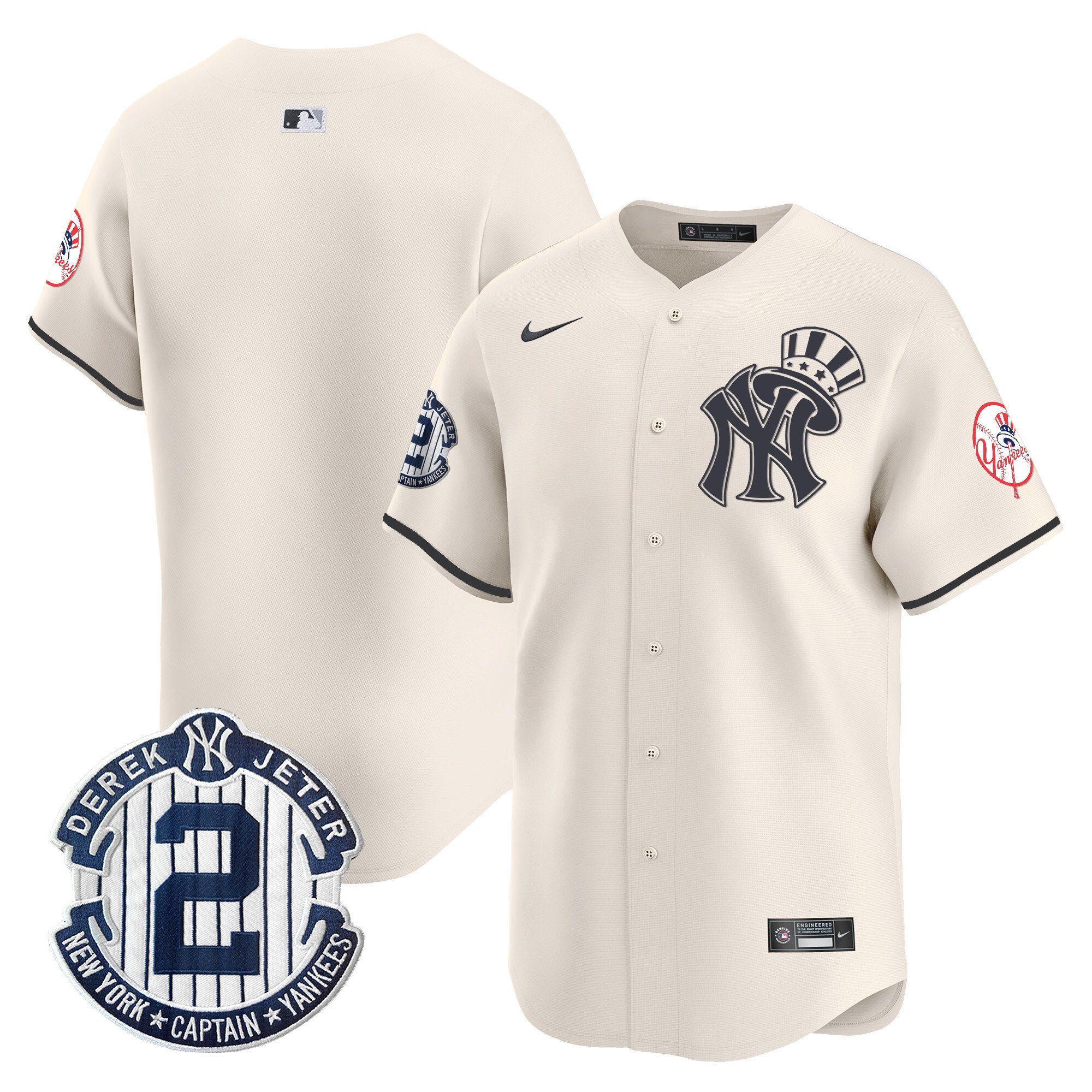 Men's New York Yankees Derek Jeter Patch Vapor Premier Limited Cream Jersey V2 - All Stitched