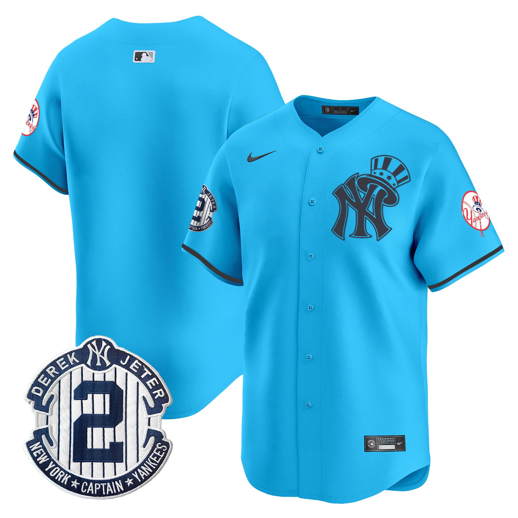 Men's New York Yankees Derek Jeter Patch Vapor Premier Limited Light Blue Jersey V2 - All Stitched
