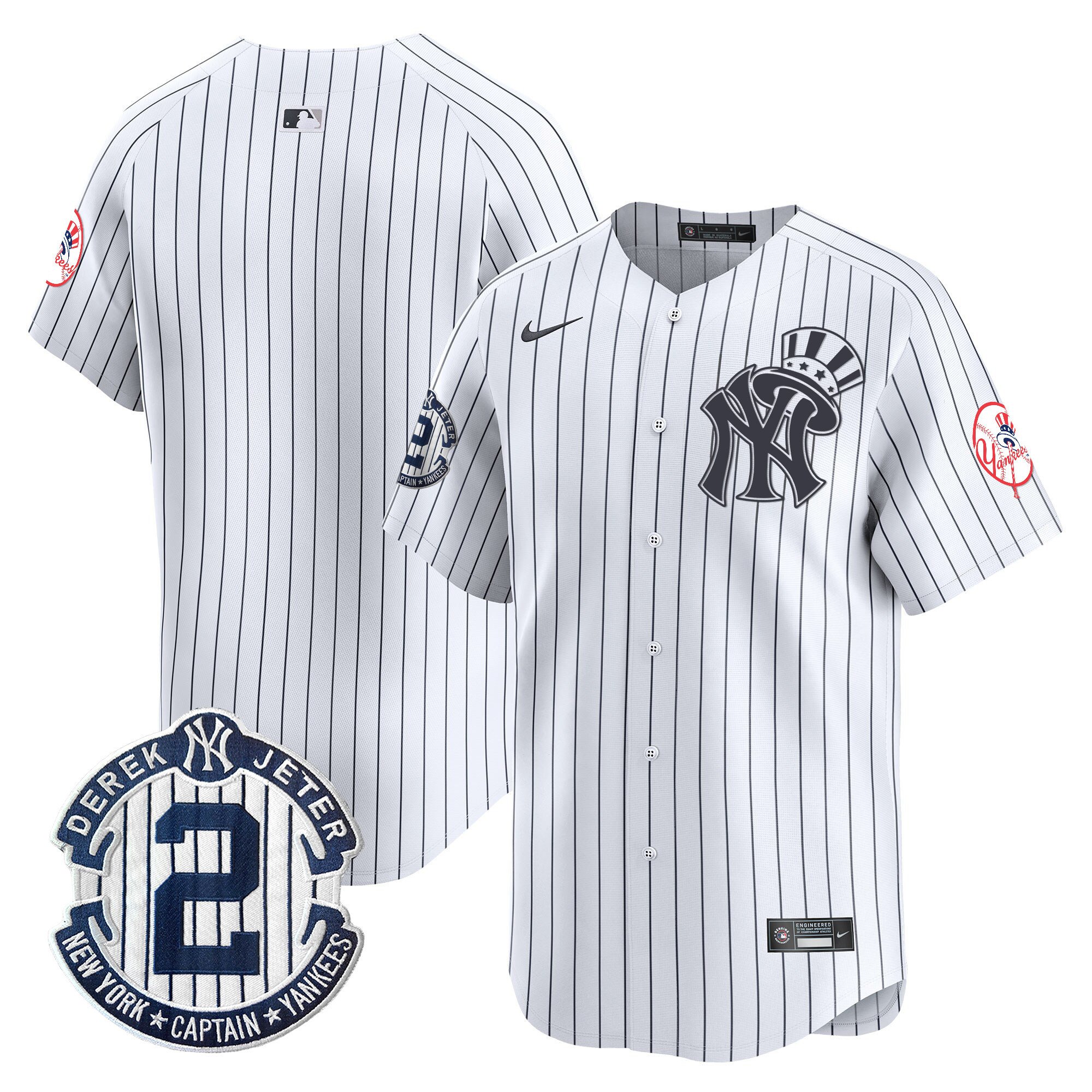 Men's New York Yankees Derek Jeter Patch Vapor Premier Limited White Jersey V2 - All Stitched