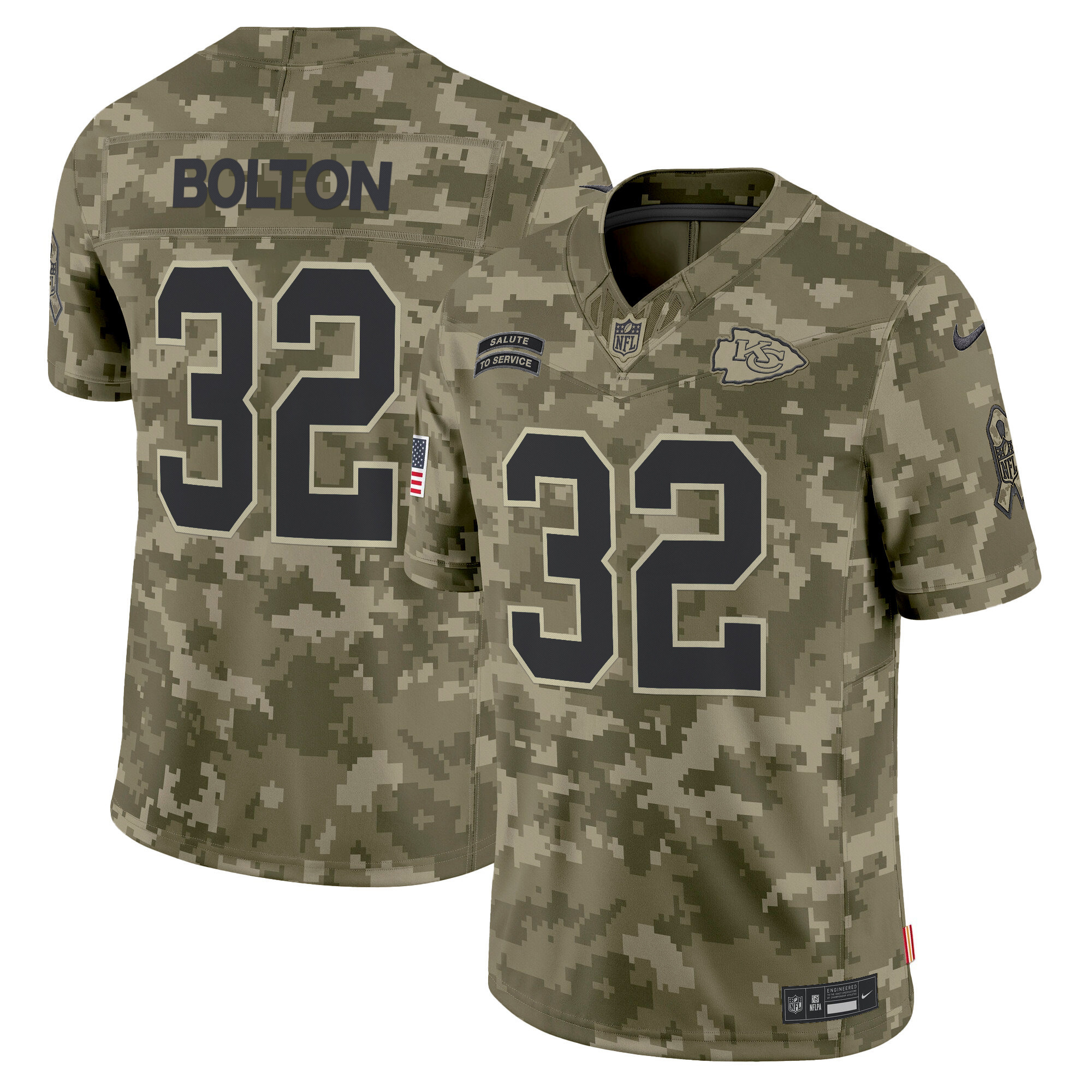 Men's Nick Bolton Kansas City Chiefs 2024 Salute to Service Vapor Limited Olive Camo Jersey - All stitched