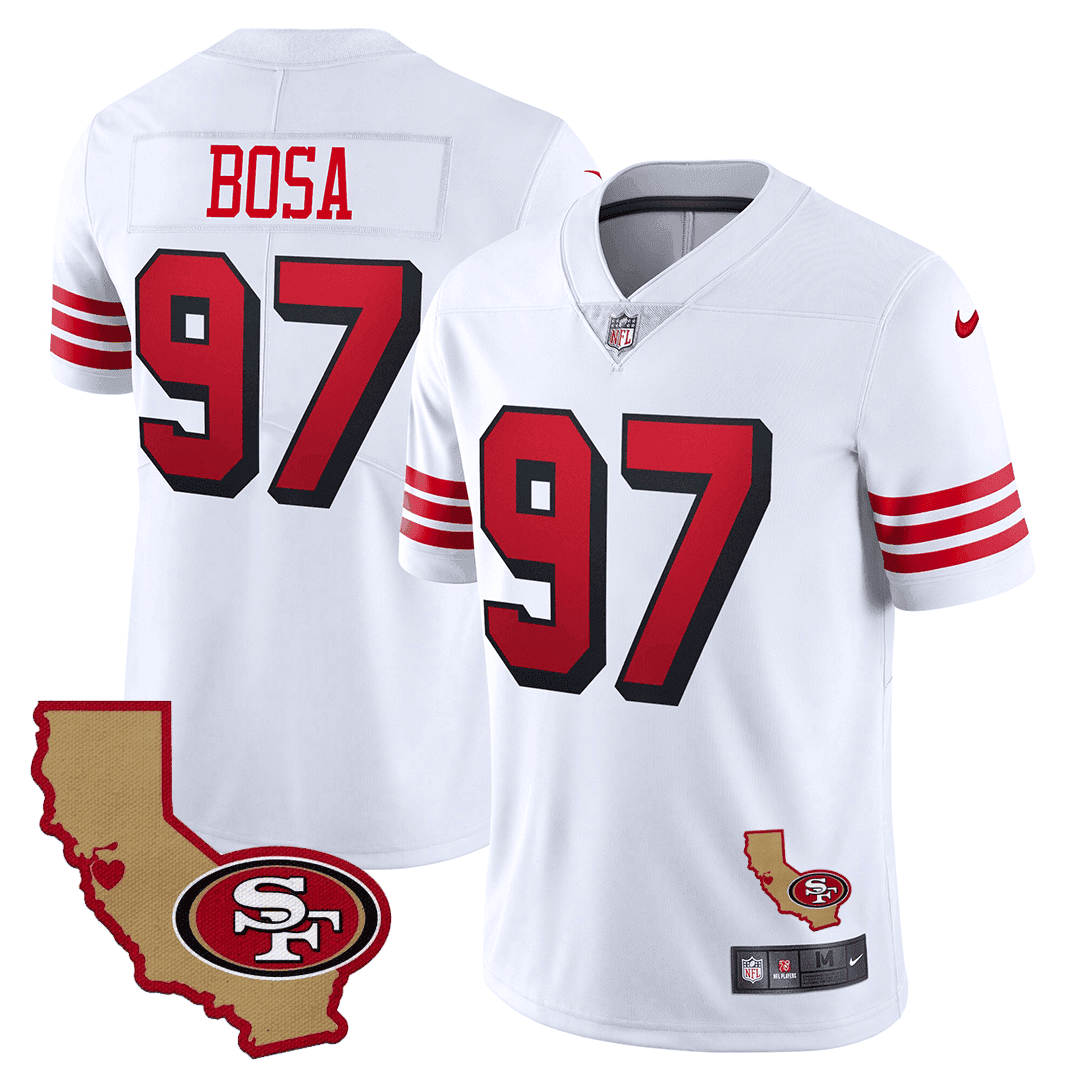 Men's Nick Bosa San Francisco 49ers 1994 California State Map Patch Throwback White Jersey - All Stitched