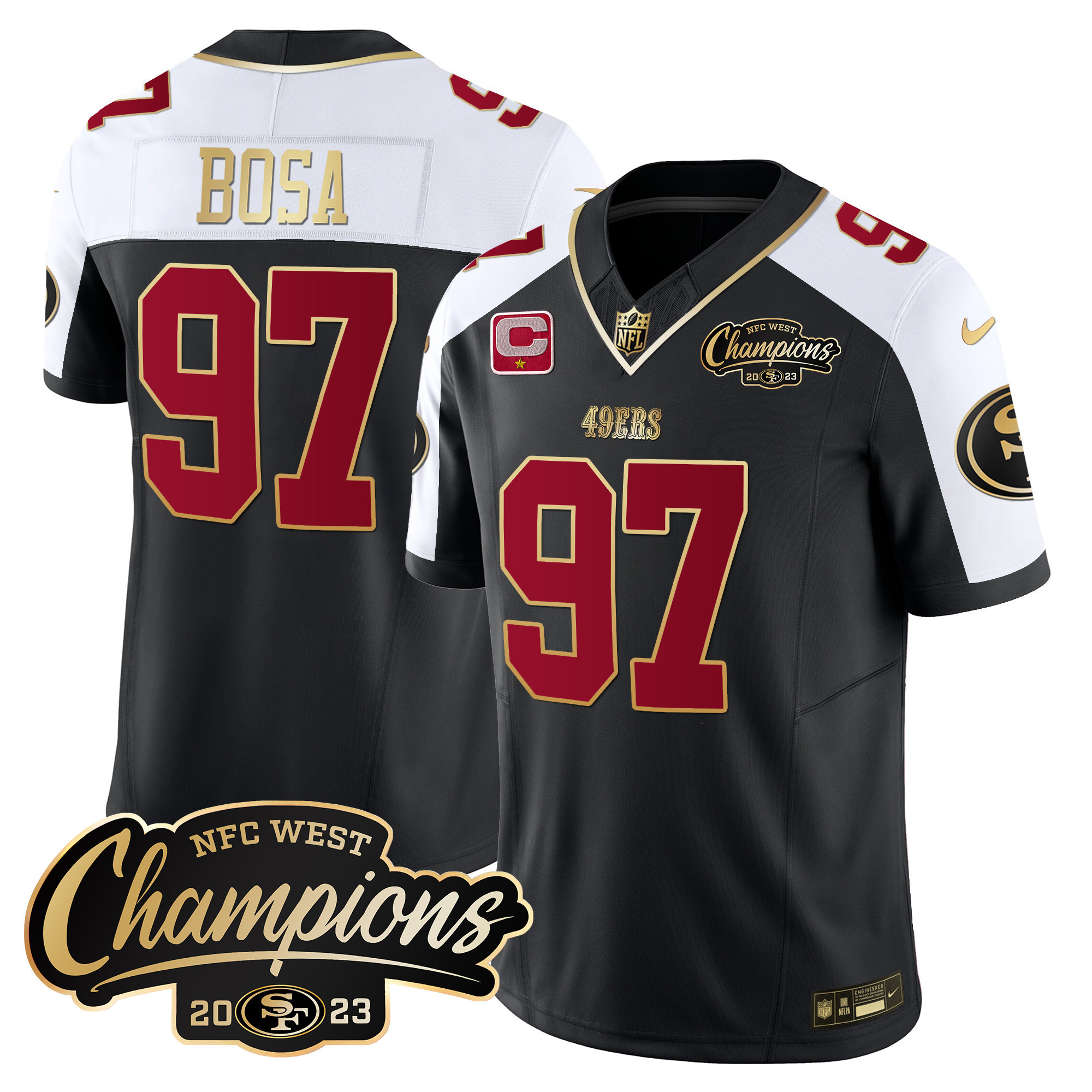 Men's Nick Bosa San Francisco 49ers 2023 NFC West Champions Patch Vapor Black Alternate Jersey - All Stitched