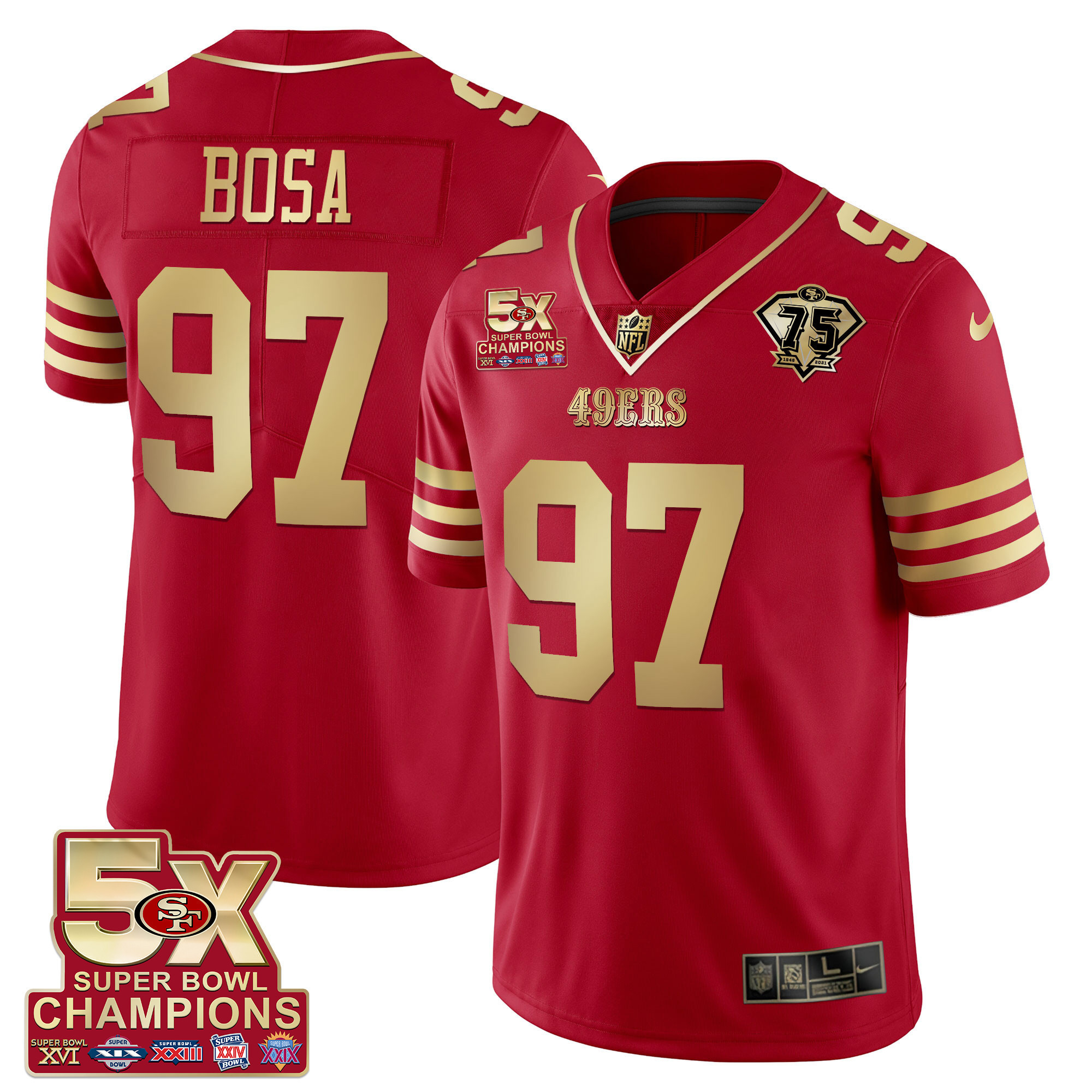 Men's Nick Bosa San Francisco 49ers 5x Super Bowl Patch Black Red Vapor Red Gold Jersey - Stitched