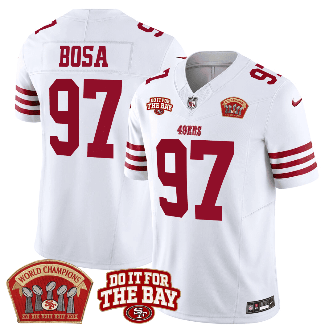 Men's Nick Bosa San Francisco 49ers 5x World Champions & "Do It For The Bay" Patch Limited White Jersey - All Stitched