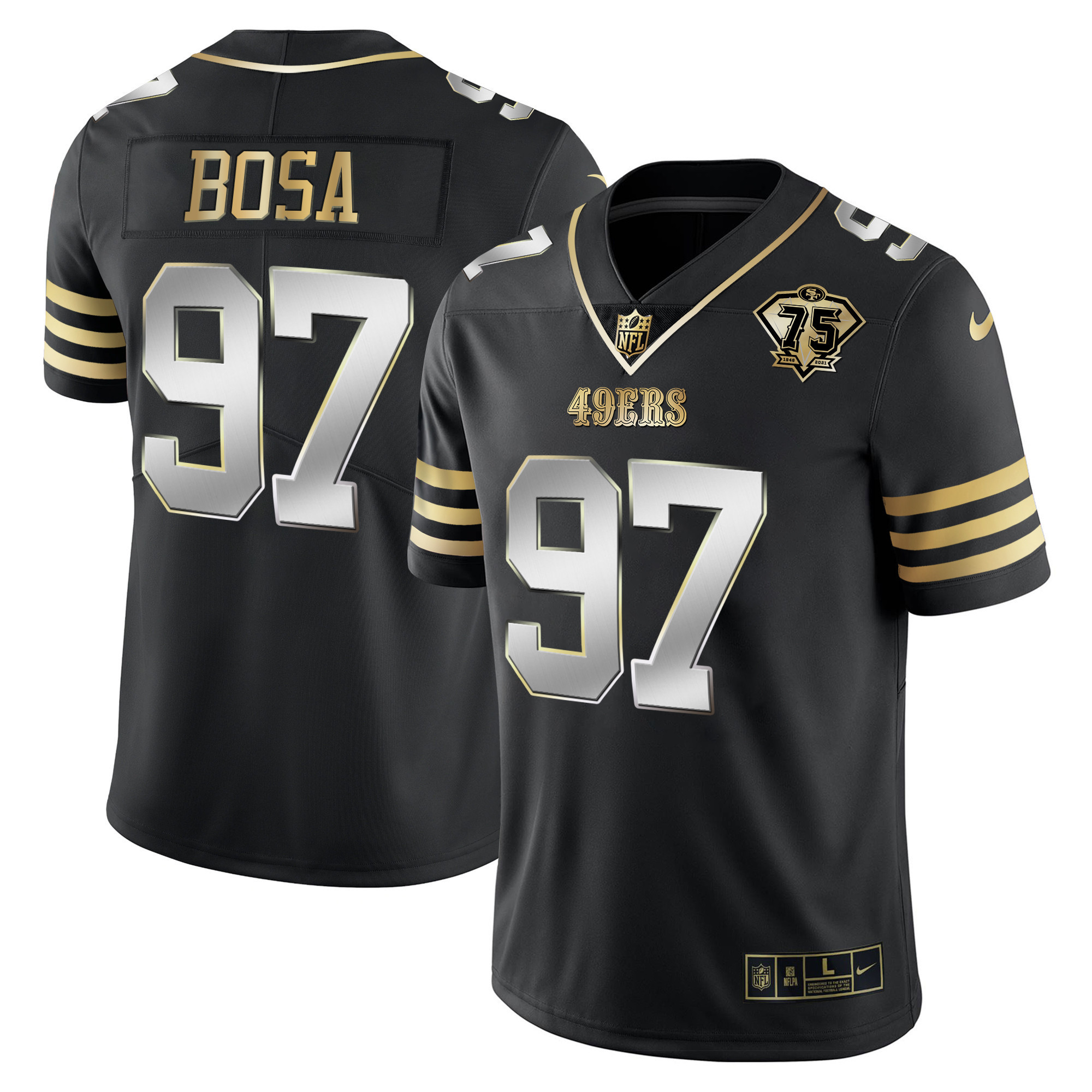Men's Nick Bosa San Francisco 49ers 75th Anniversary Patch Vapor Gold Black Limited Jersey - All Stitched