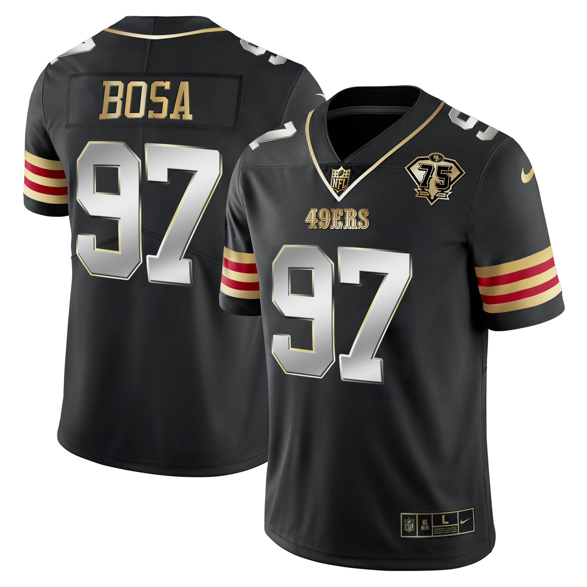 Men's Nick Bosa San Francisco 49ers 75th Anniversary Patch Vapor Gold Black Limited Jersey V2 - All Stitched
