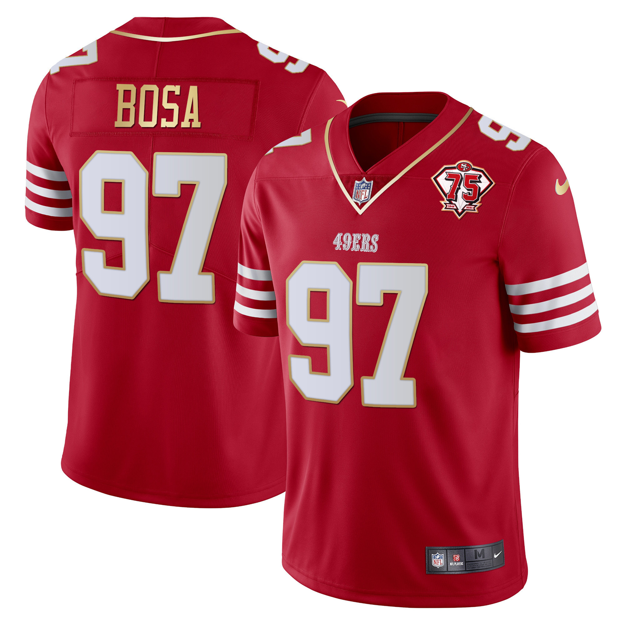 Men's Nick Bosa San Francisco 49ers 75th Anniversary Patch Vapor Gold Trim Red Gold Jersey - All Stitched
