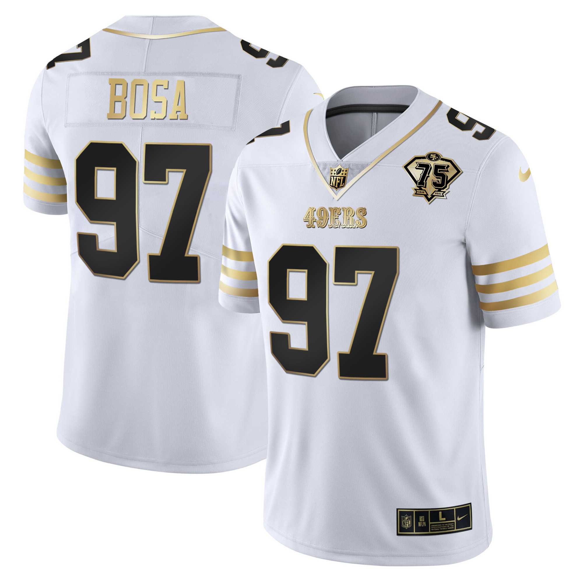 Men's Nick Bosa San Francisco 49ers 75th Anniversary Patch Vapor Gold White Gold Jersey - All Stitched