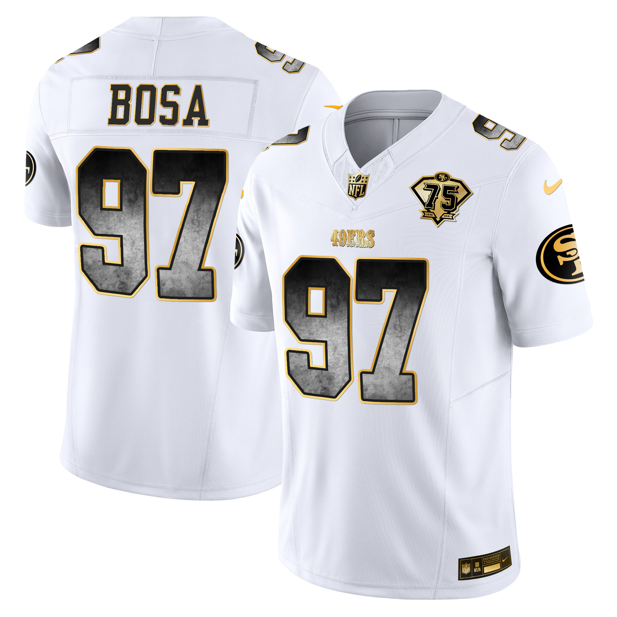 Men's Nick Bosa San Francisco 49ers Arch Smoke Vapor White Gold Jersey - All Stitched