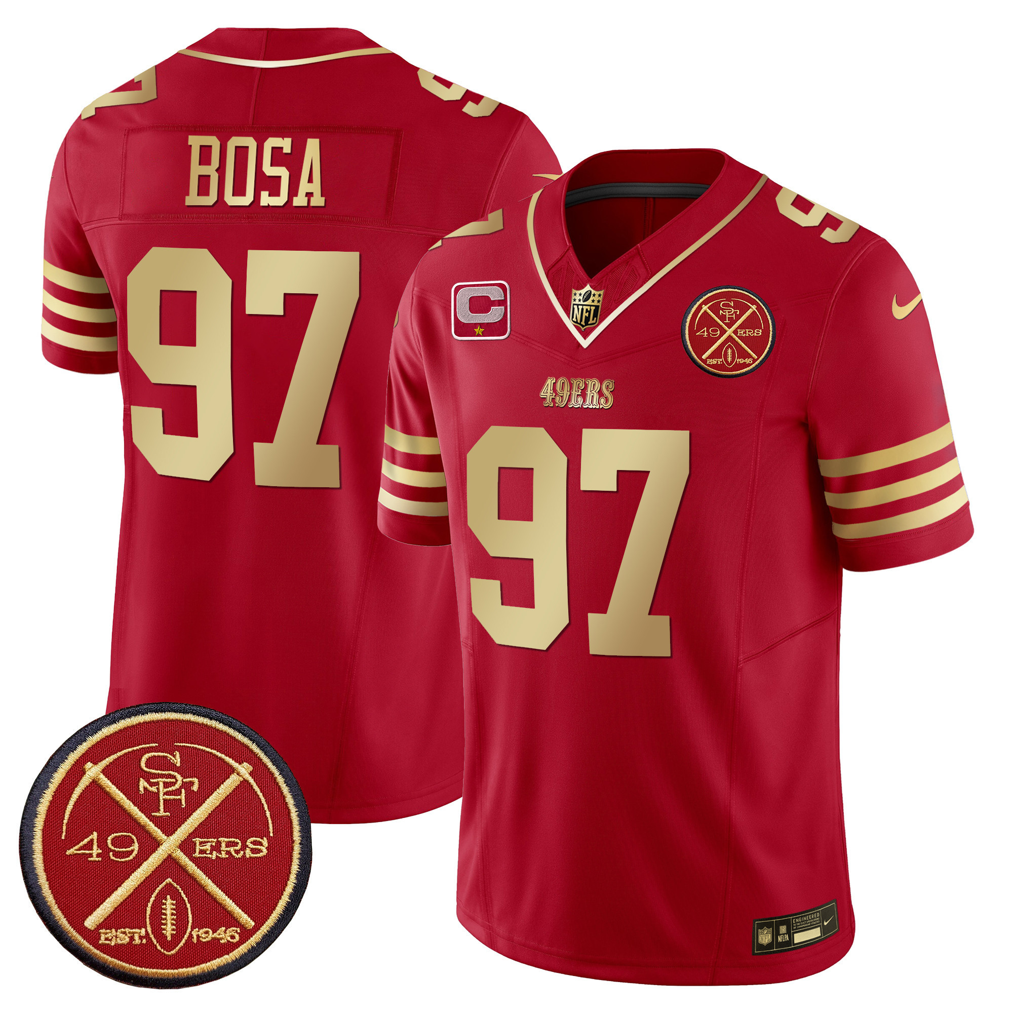 Men's Nick Bosa San Francisco 49ers Est.1946 Patch Vapor Limited Scarlet Gold Jersey - All Stitched